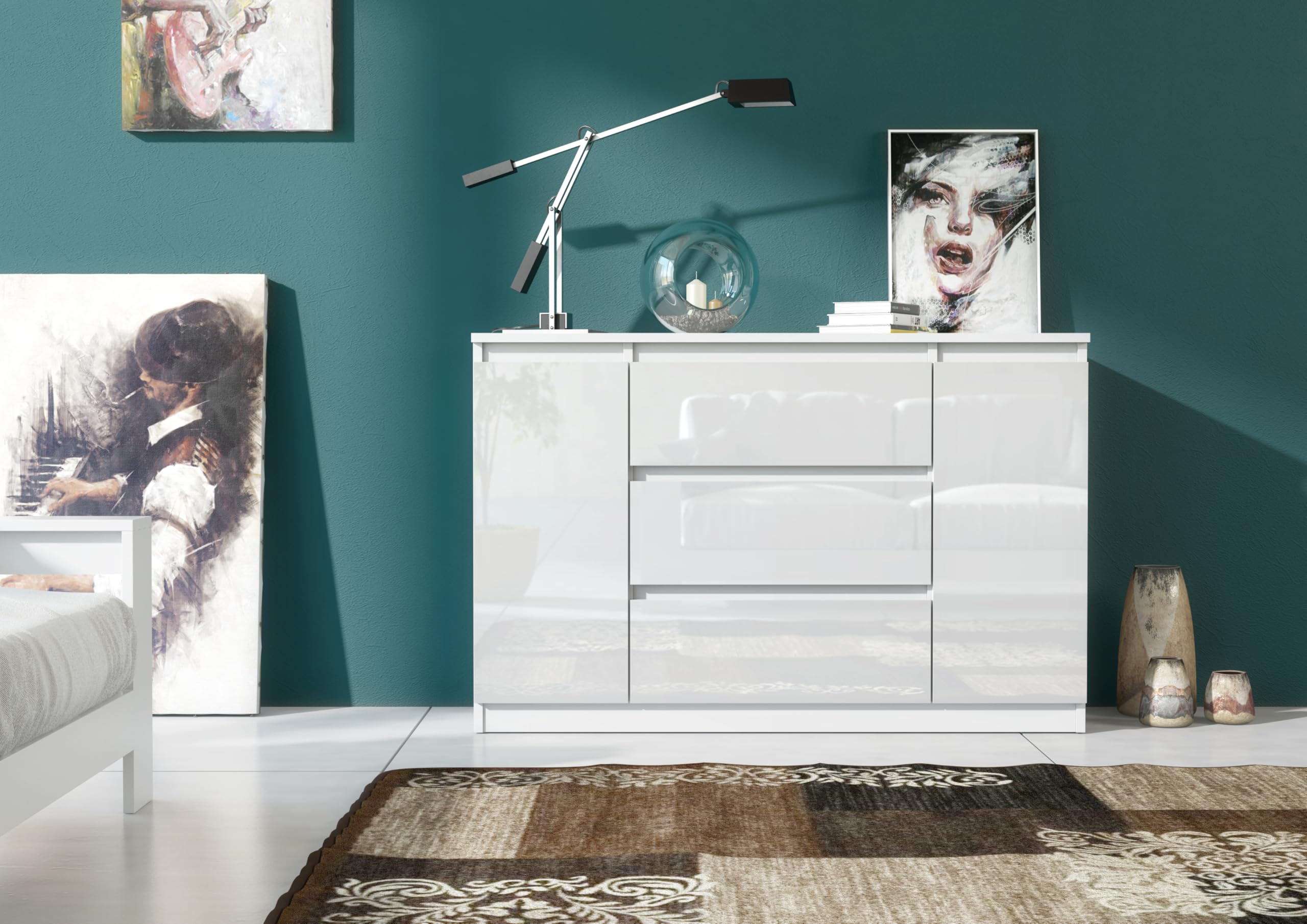 meble masztalerz Cassettiera Camera da Letto con 2 Ante e 3 Cassetti - Credenza Soggiorno - Moderna Comò - Cassettiera Alta - Mobiletto con Cassetti - Bianca Lucida 120 x 39 x 78,5 cm