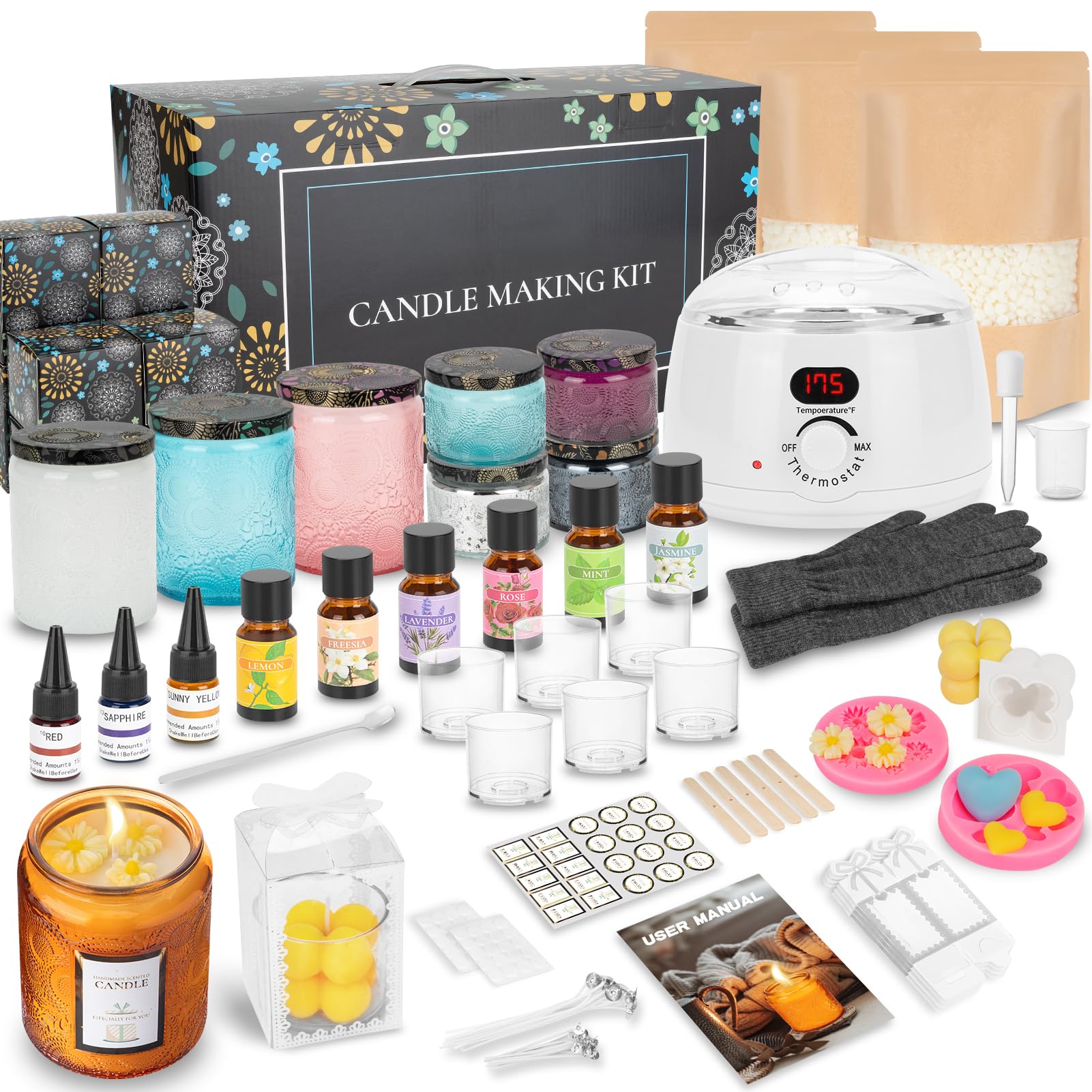 TECHMUR Kerzen Selber Machen Set, Komplette DIY Kerzen Set mit Elektrischer Wachsschmelzer, 1200g Natürliches Sojawachs, ätherischem öl, Kerzenfarbe, Gläsern, Aufklebern für Erwachsene Anfänger (Weiß)