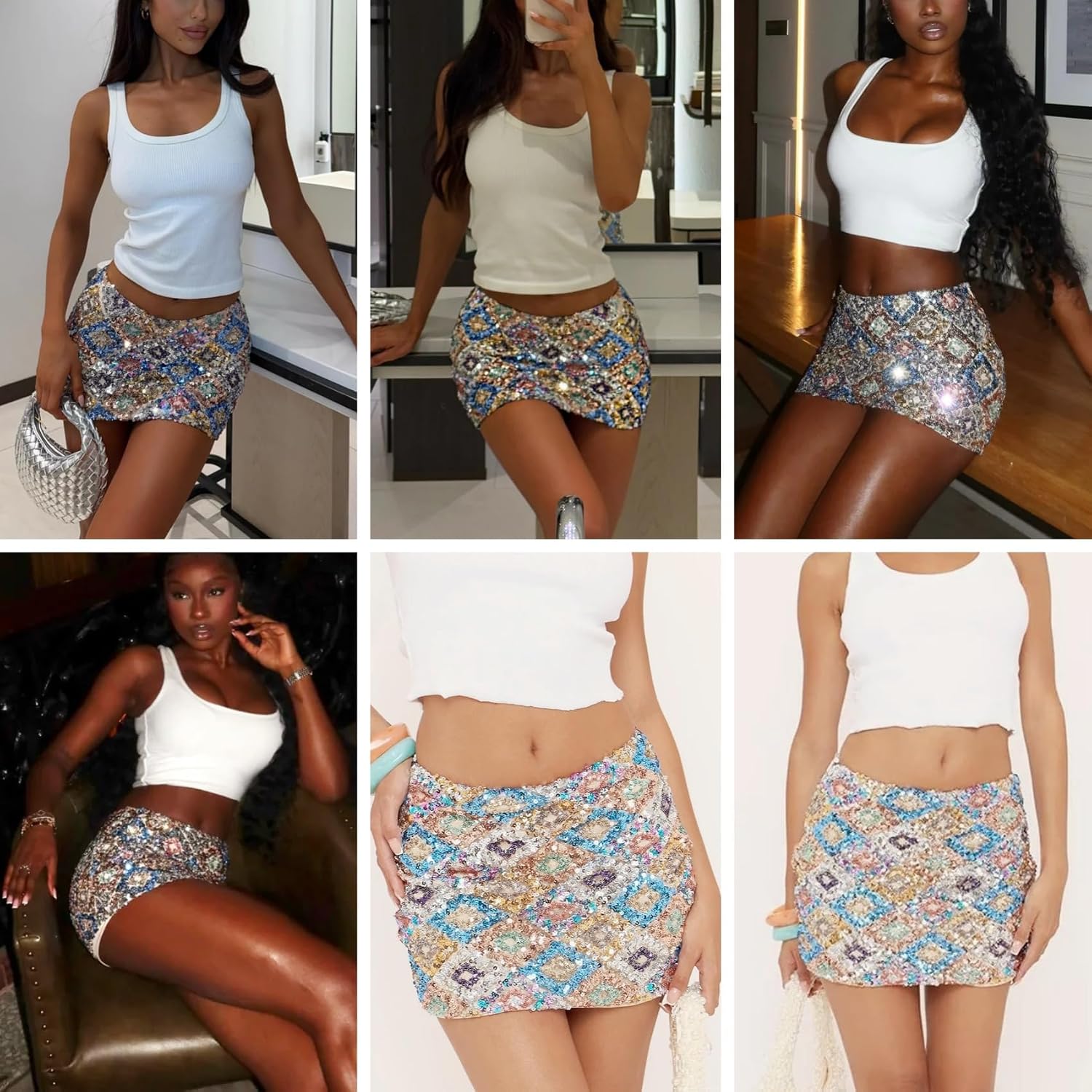 JUMISEE Women's Sparkly Sequin Mini Skirt Sexy Y2K Low Rise Pencil Skirt Shiny Bodycon Short Skirts for Concert Dance