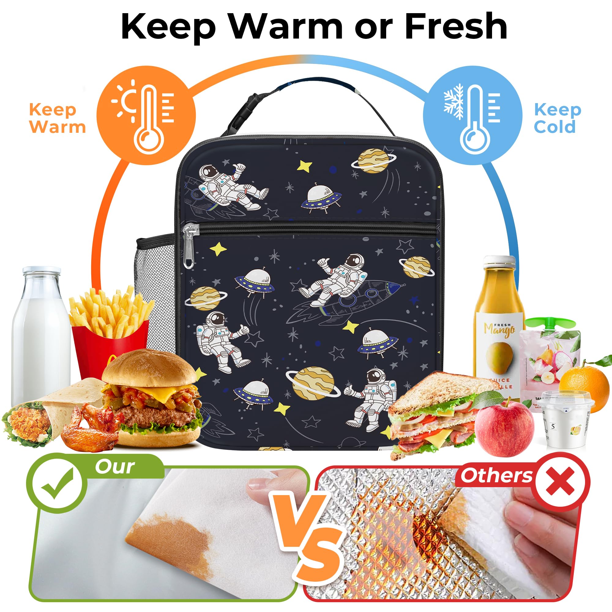 Clastyle Space Insulated Lunch Bag Star Large Thermal Cooler Bag for Kids Picnic Lunch Box Tote Astronaut Planet - Image 3