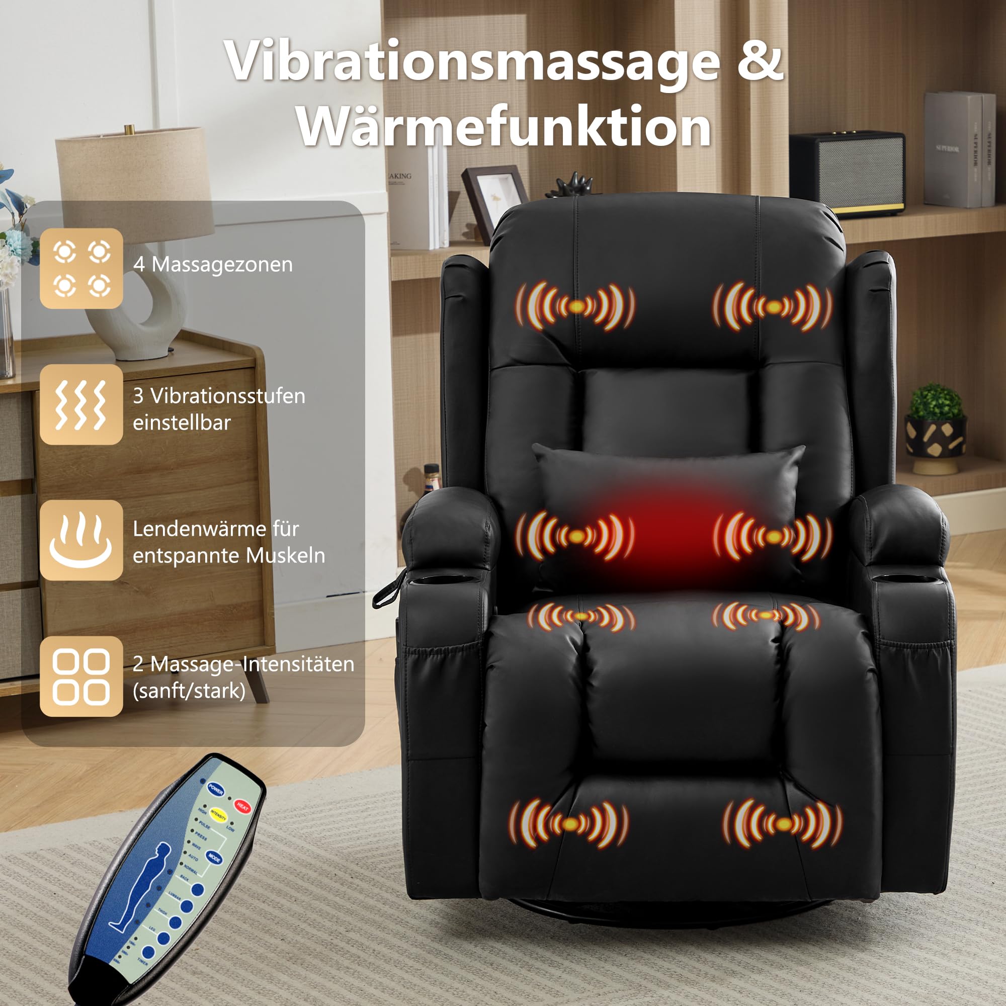 Relaxsessel mit Liegefunktion, Massagesessel mit Wärmefunktion, 360° Drehbarer Fernsehsessel Wohnzimmer, Schaukelstuhl mit Kissen/Seitentaschen/Getränkehalter (Schwarz)