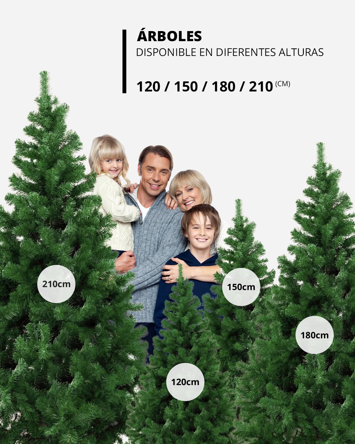 MURIS Árbol de Navidad Artificial, Altura de 210 cm, Estructura Desmontable, Ramas Abatibles, Soporte Metálico Plegable, MRS-ZW001-210