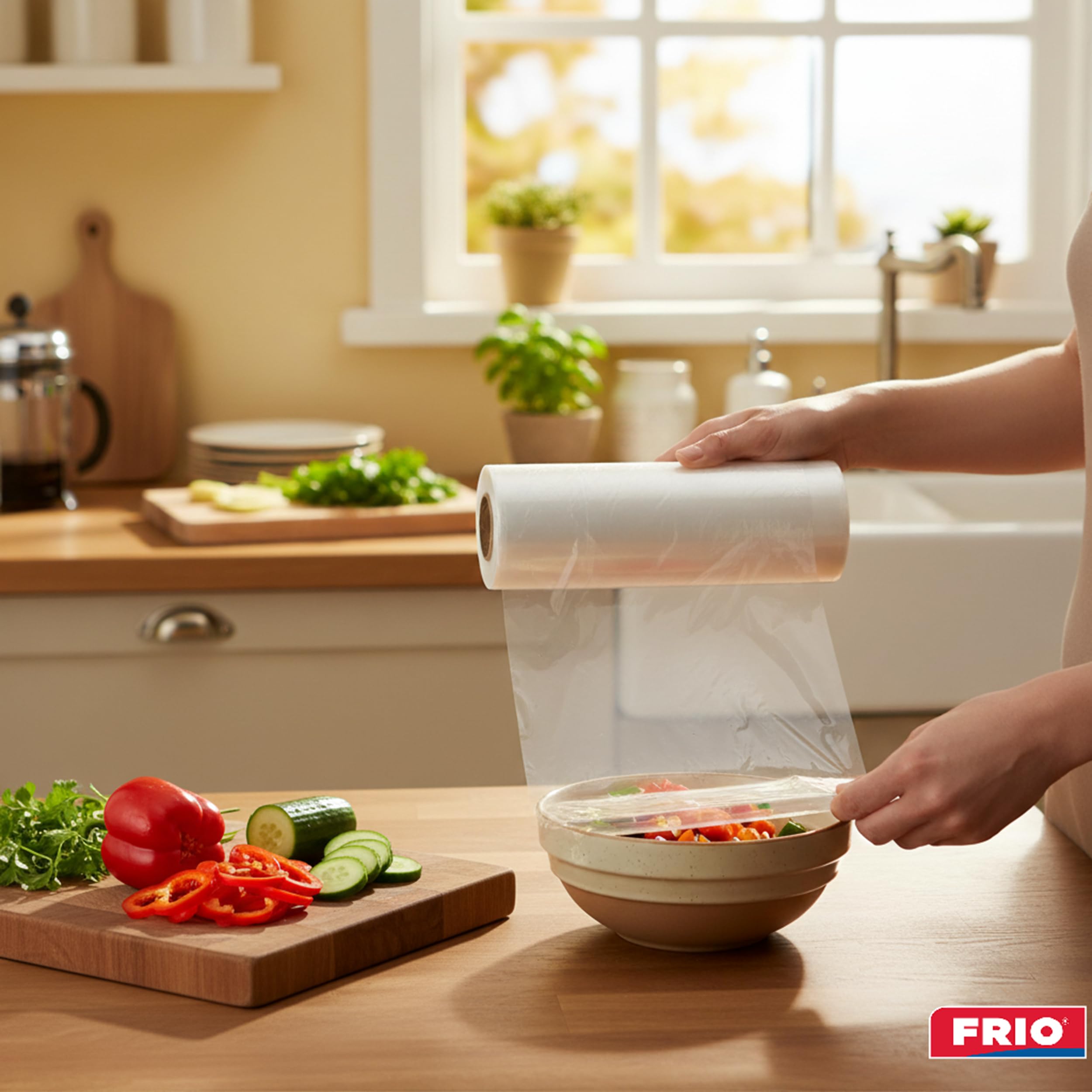 FRIO - 1 Rotolo Pellicola Alimenti 300m - Superaderente - Astuccio Professionale con Seghetto - Elastica e Autosigillante per Conservazione e Avvolgimento - Ideale per contenitori e vaschette metallo