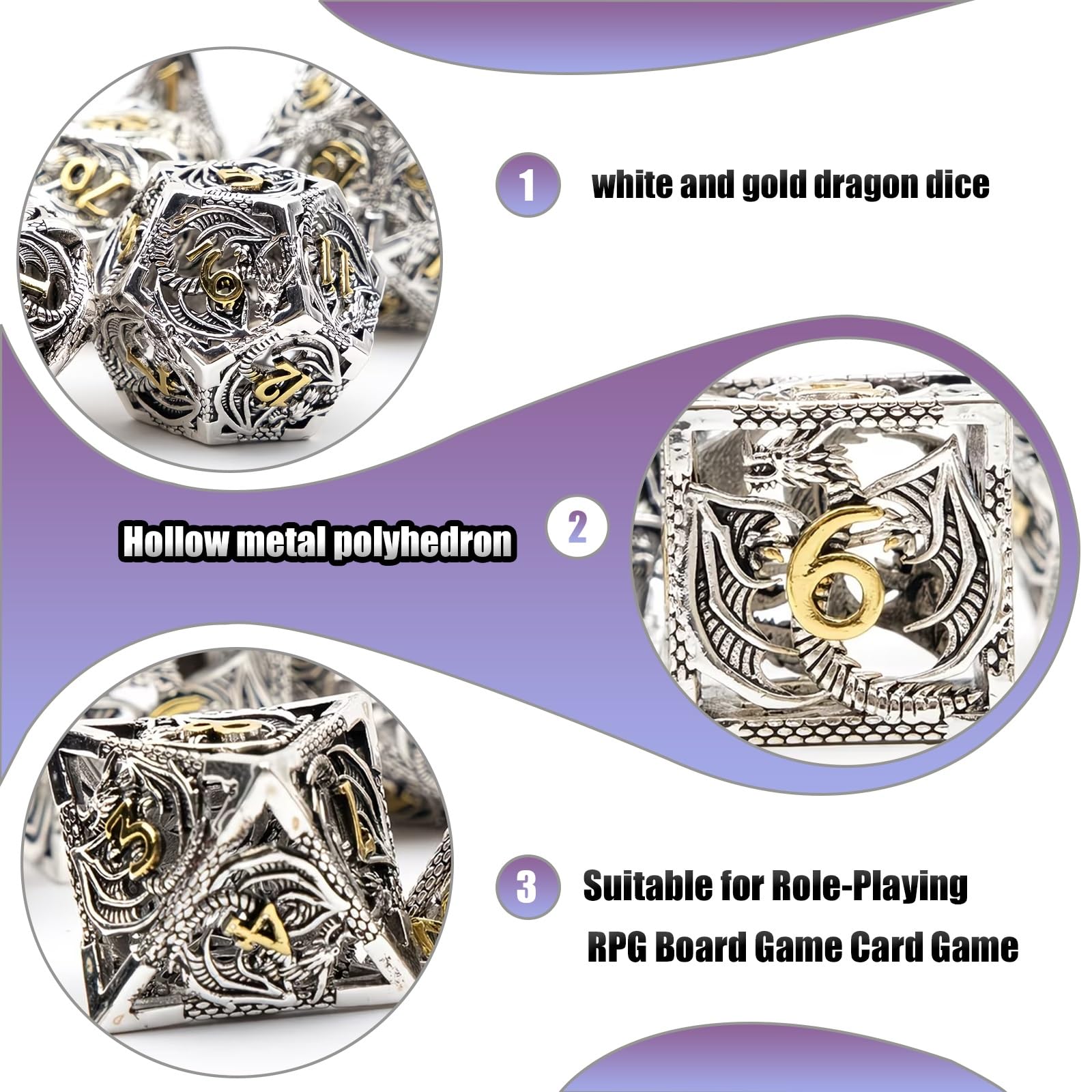 Dés Dragon Blancs et Or (7 Pièces), Polyèdres Creux, Compatibles avec Les Jeux de Rôle, de Plateau et de Cartes