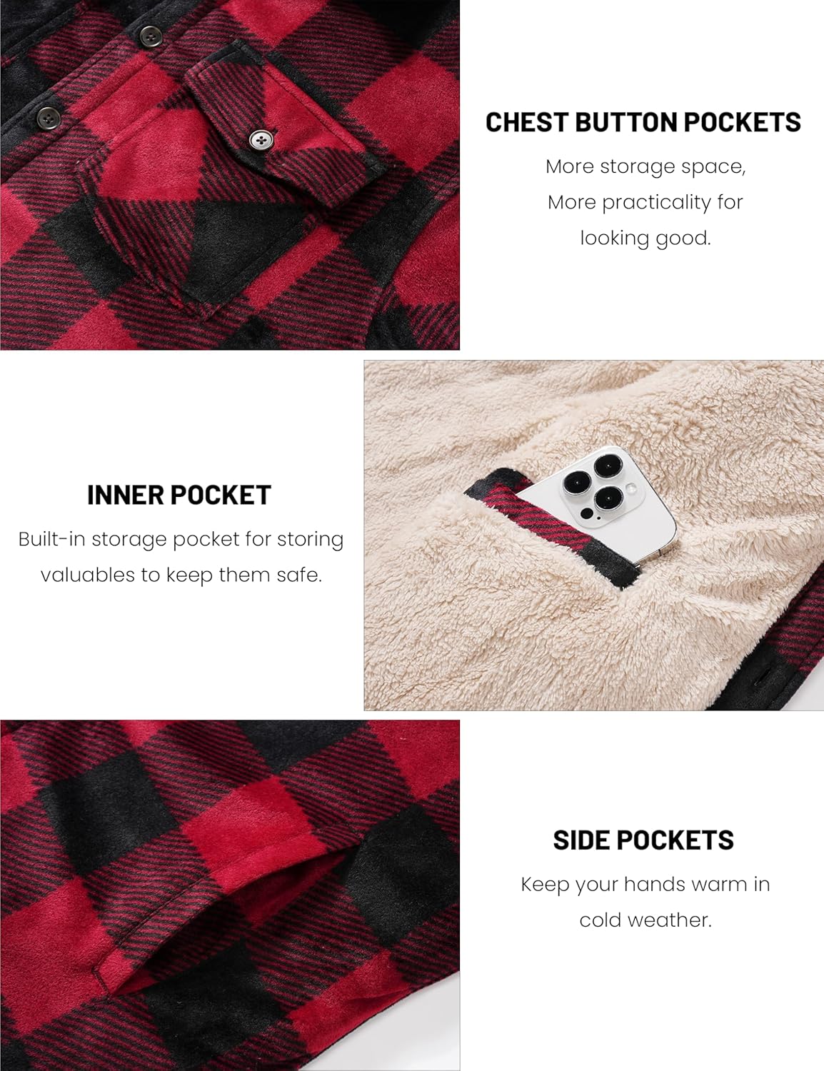 MAGCOMSEN Mens Flannel Shirt Jacket Fleece Lined Thick Long Sleeve Coat Winter Warm Plaid Shacket Jackets with 5 Pockets - Image 7
