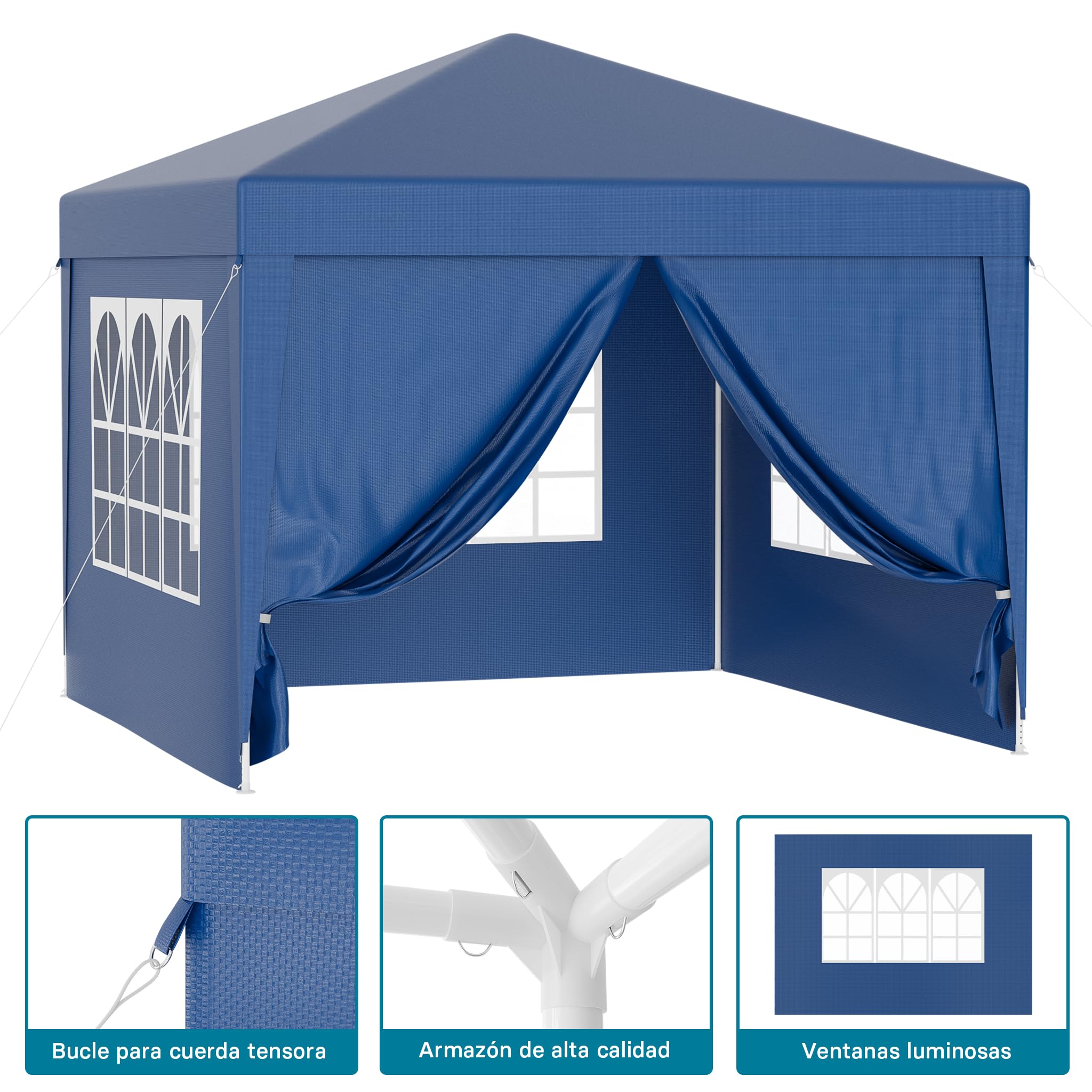 Wiltec Carpa de jardín 3 x 3 m Azul con protección UV 50+, Gazebo con Laterales enrollables, pabellón para Fiestas con Ventanas, Ideal para terrazas y Festivales