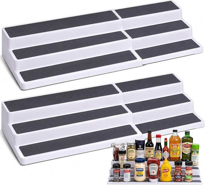 Especiero expandible de plástico de 3 niveles, longitud ajustable, estabilidad con estante antideslizante, para fácil visibilidad, organizador para gabinete de cocina, despensa o encimera, (paquete de 2), blanco/gris | Organizador de especias de plástico expandible, longitud ajustable de 3 niveles, estante antideslizante, encimera de despensa, blanco/gris