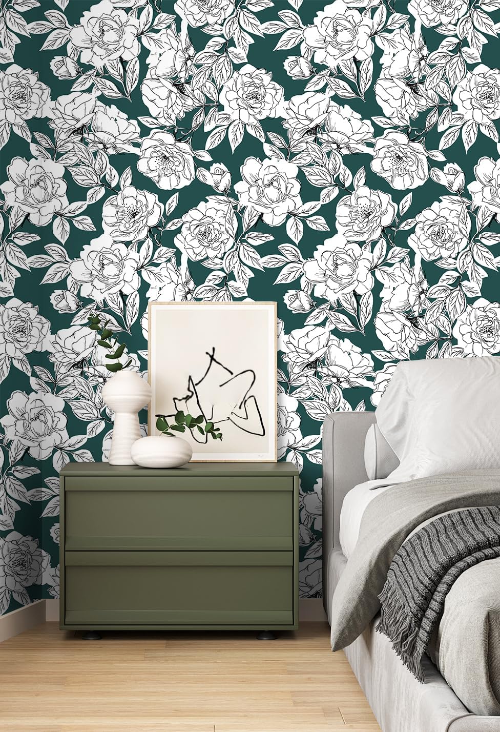 HAOKHOME Floral Peel and Stick Wallpaper Green White Vintage Botanical image 3