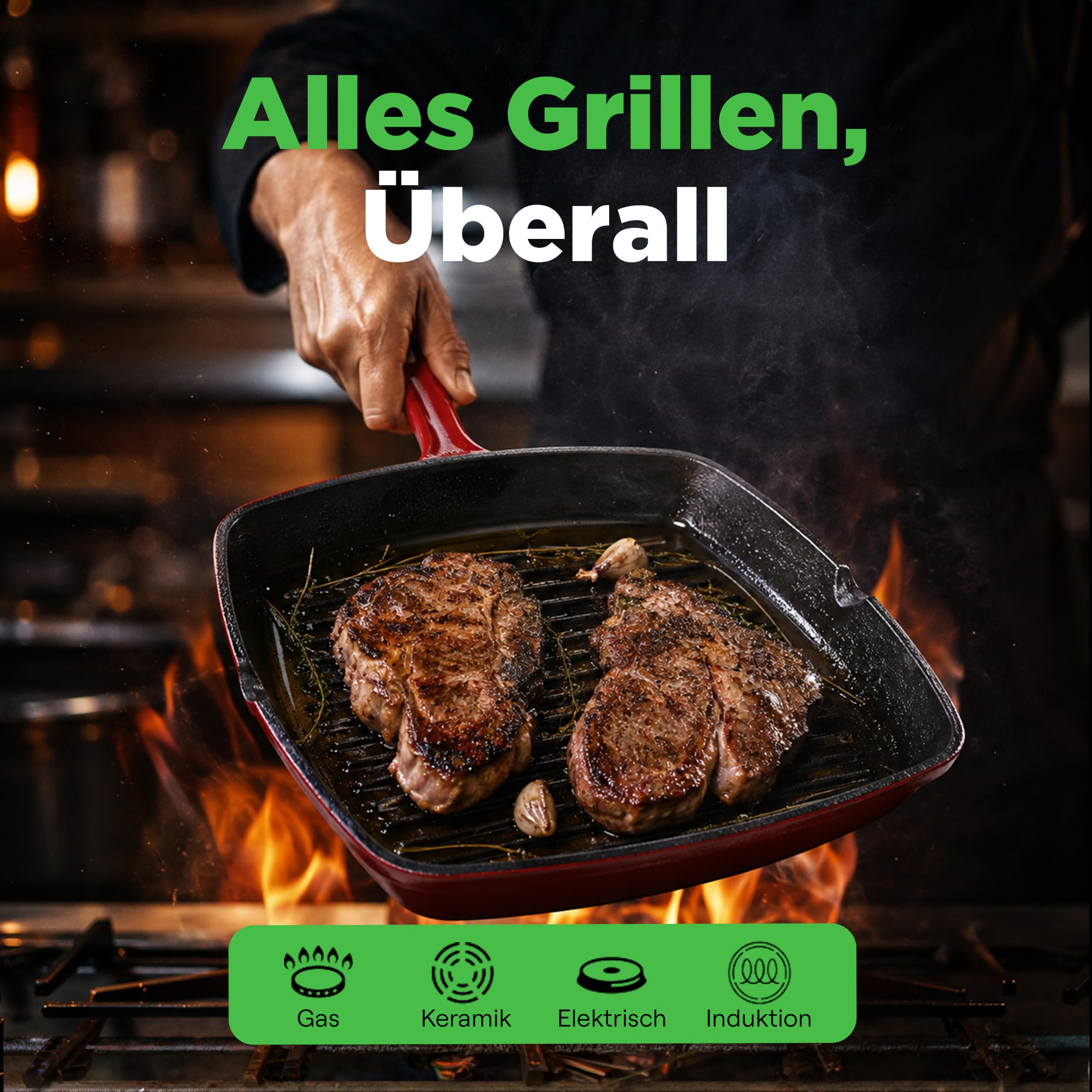 NutriChef Grillpfanne, 29x29cm mit Ausguss, Steakpfanne-Gerillt, Emailliert