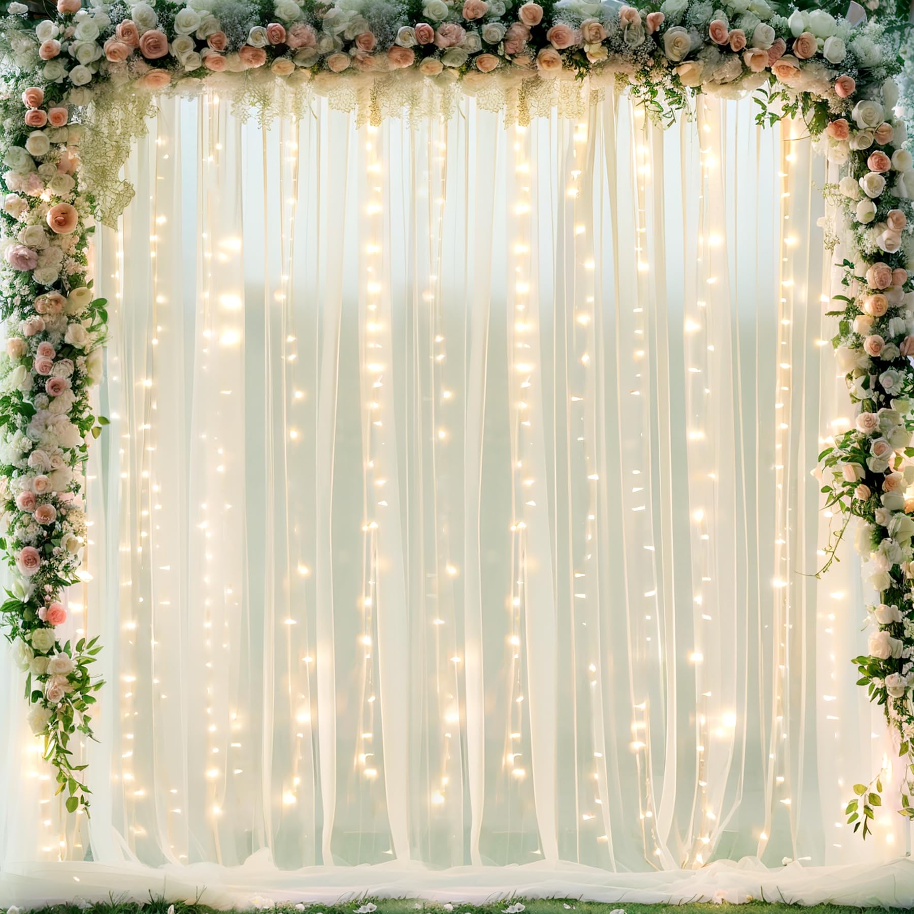 Photo 1 of 10ft x 10ft Ivory Tulle Photo Backdrop Curtain with Lights String for Parties Wedding Sheer Ivory Curtain Backdrop for Birthday Party Bridal Shower Photo Booth Photography Background Decorations