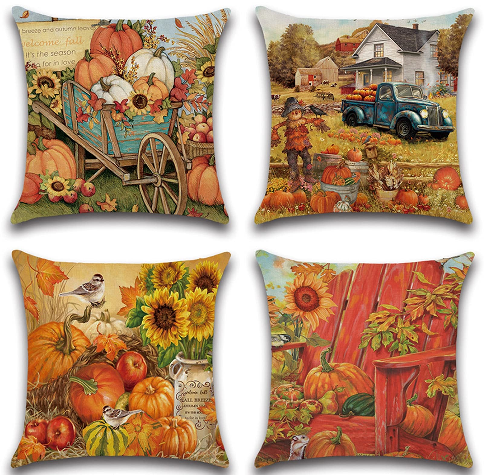 SxLingerieSxLingerie 4 Pack Fall Pillow Covers, Fall Decorations Autumn Decorative Pillowcase Pumpkin Farmhouse Harvest Cushion Covers Cotton Linen Fall Pillow Case for Sofa Couch, 45 x 45 Centimeters