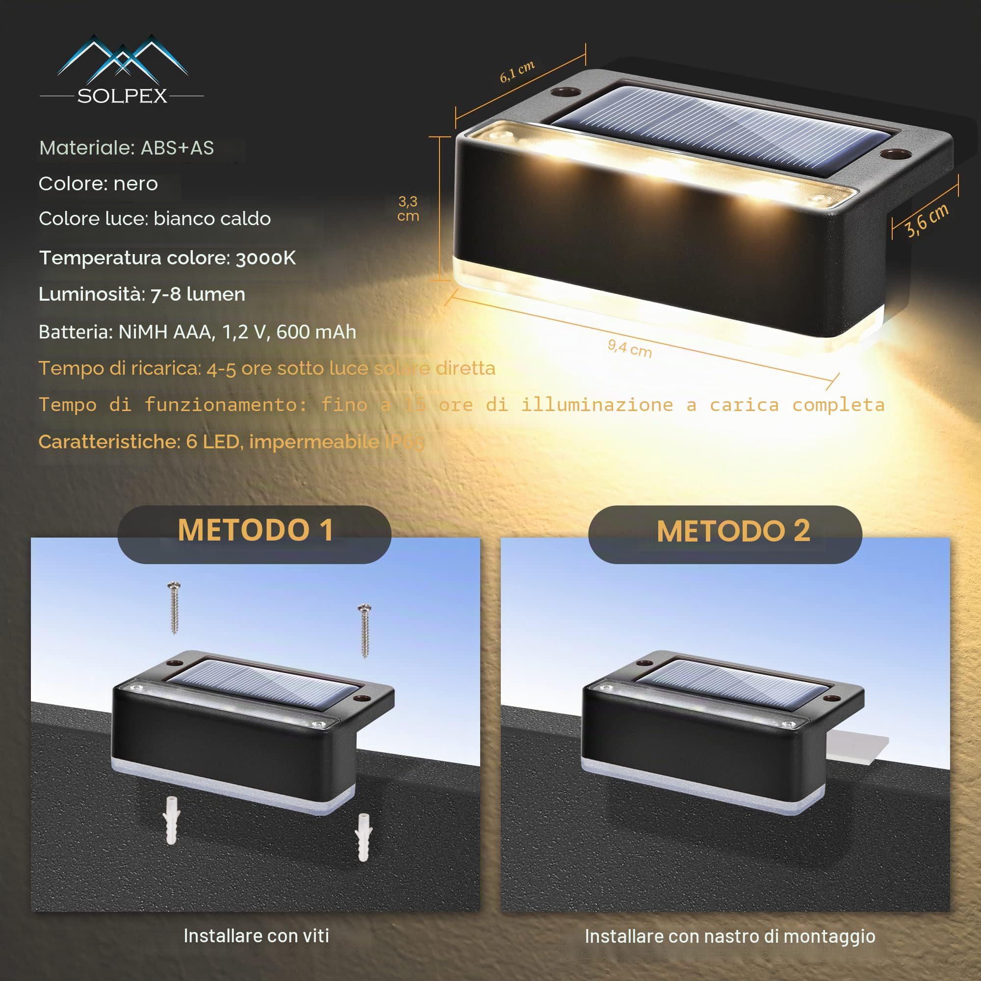 Solpex Lampade solari per esterni, 12 pezzi, luce bianca calda, luci solari impermeabili, illuminazione a LED per scale esterne, decorazione
