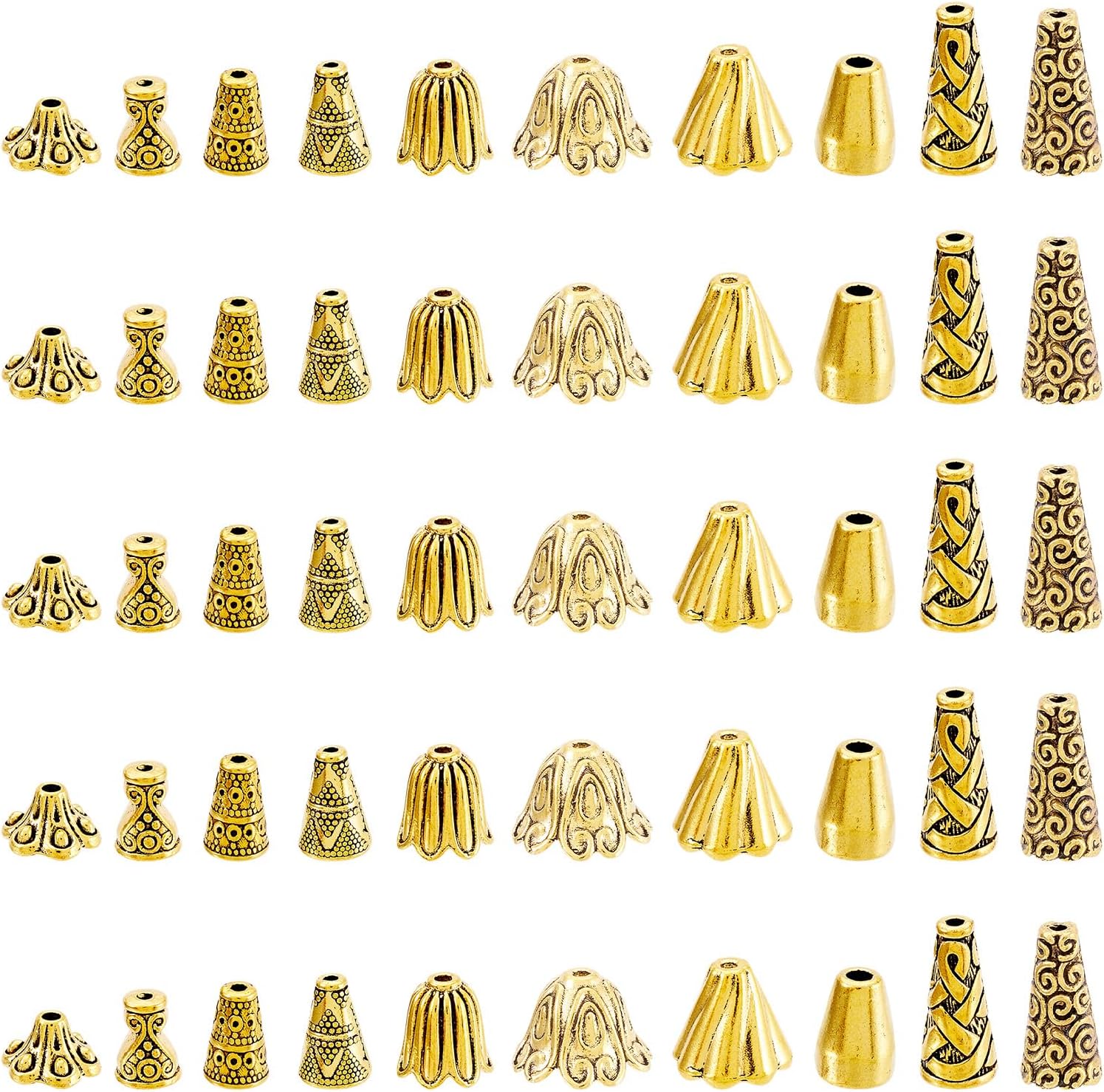 Craftdady 80pcs Tibetan Gold Cone Bead Caps 10 Styles Vintage Antique Metal End Caps for Jewelry Making