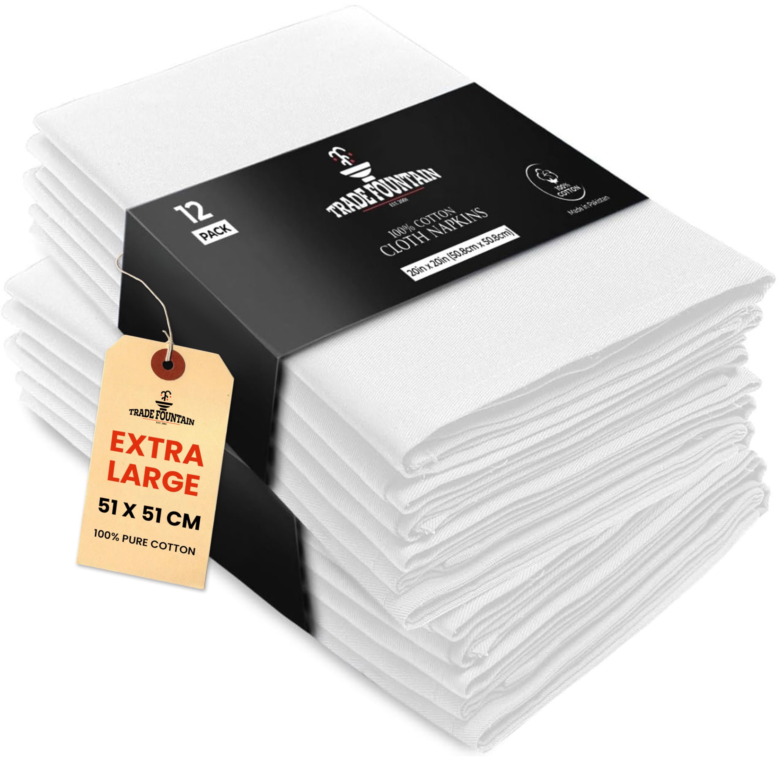 Cloth Napkins Cotton Set of 12 | Reusable Dinner Napkins | 50 x 50 cm Oversized Table Napkins | Super Soft Fabric for Multi-Purpose Usage | 100% Cotton Hotel Napkins | White Napkins for Table Decor