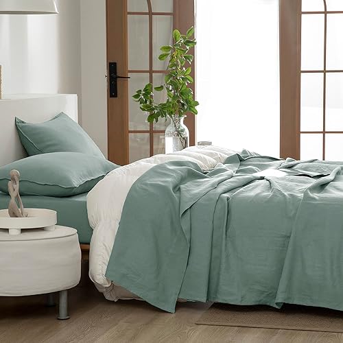 Miniatura 9 de EVERLY Juego de sábanas de lino tamaño individual, juego de sábanas de 100% lino puro francés, 3 piezas (1 sábana encimera, 1 sábana bajera, 1 funda