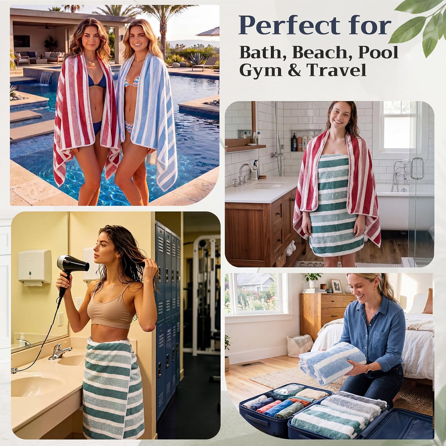 4 Pcs Large Microfiber Bath Towel Set, 27.5" x 55" Striped Quick Dry Coral Fleece Shower Towel Pink Grey Blue Green Absorbent Soft Towels with Hang Loop for Body Pool Gym Beach Home