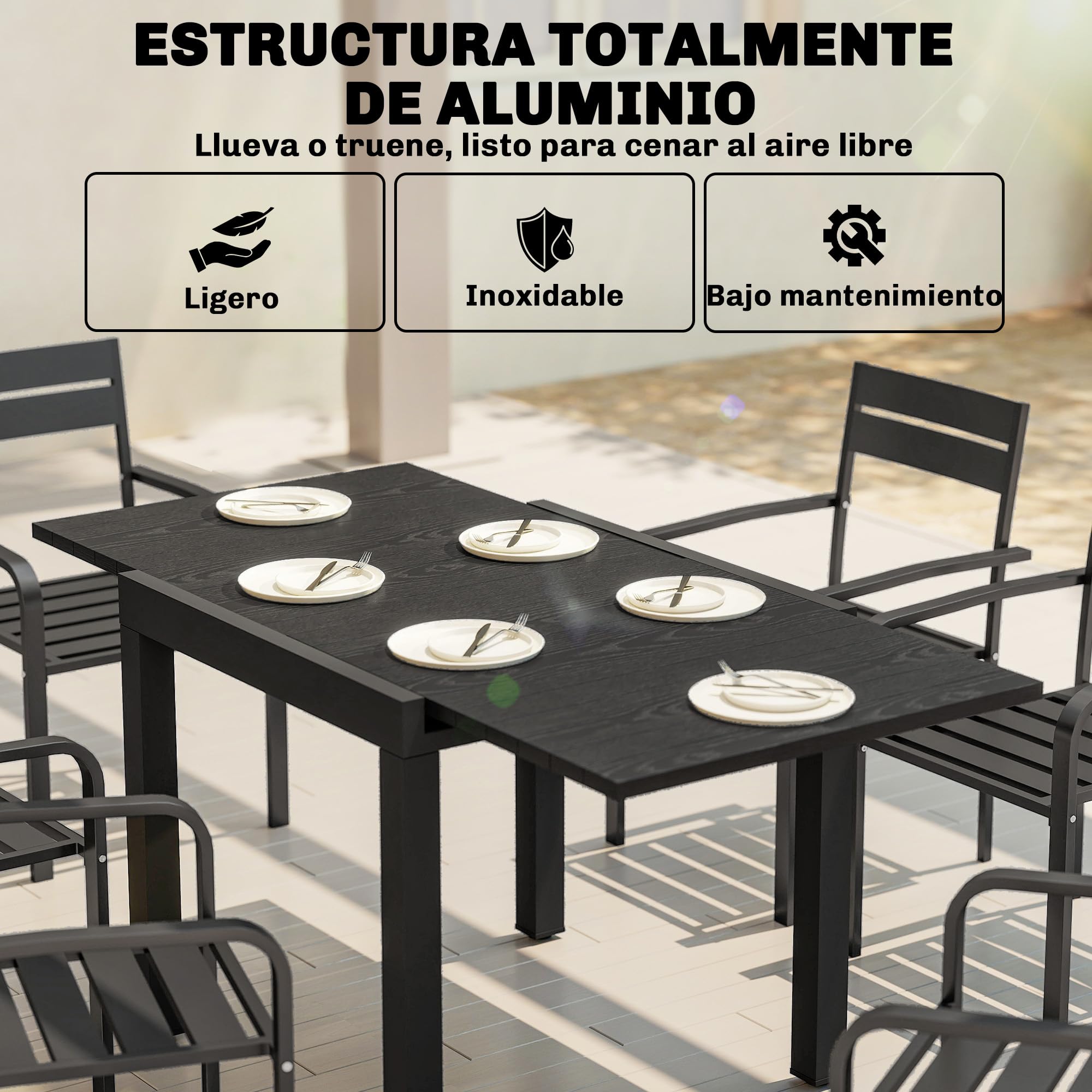 Outsunny Mesa de Jardín Extensible 80/160x80 cm Comedor Exterior Negro | Rectangular de Aluminio, Superficie de Lamas Efecto Madera, para 4-6 Personas, Patio, Terraza