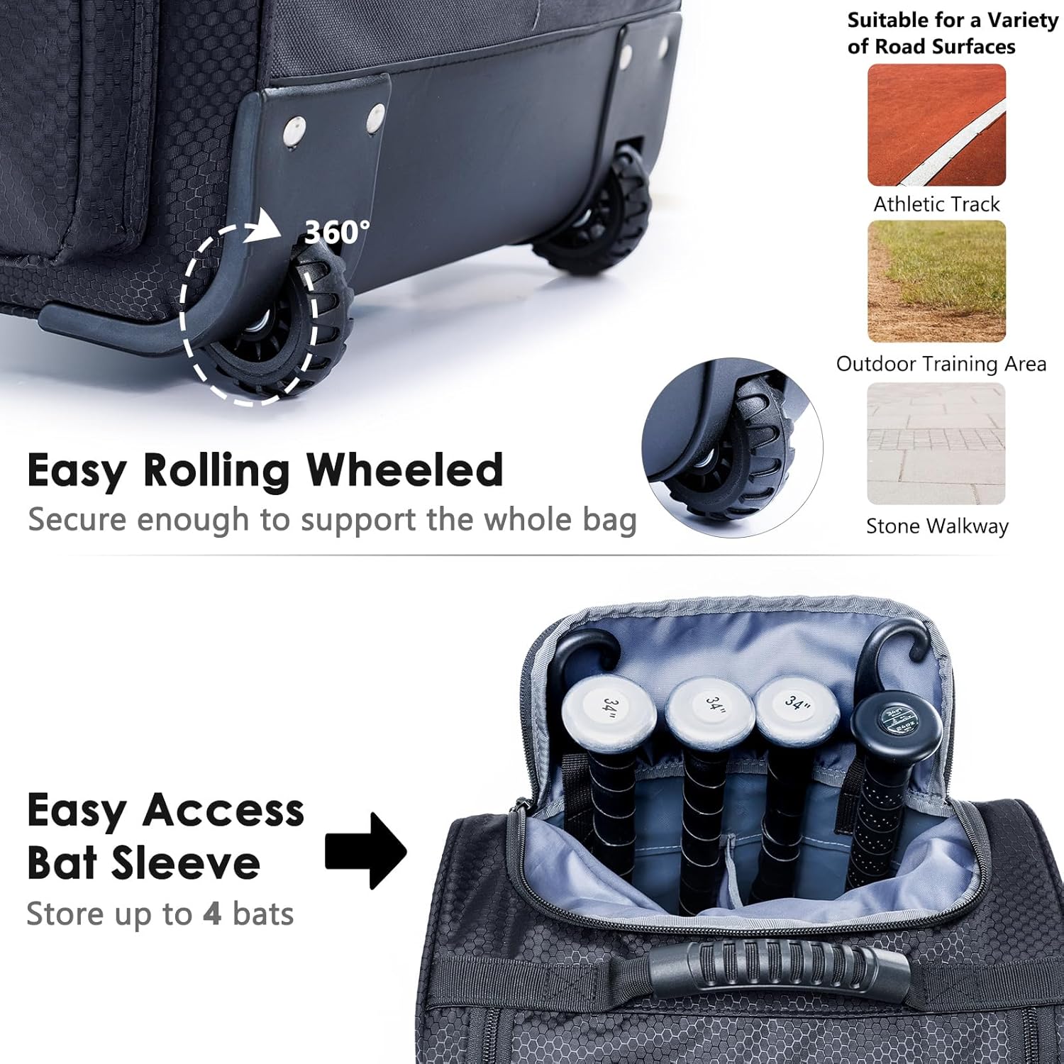 Rolling Baseball Bag With Wheels, Seperate Shoe Compartment and Fence Hook - Large Softball Bag for T-Ball - Team Equipment Duffle Bag - Catcher Gear Bag for Boys 8-12, Youth, Adults - Image 3