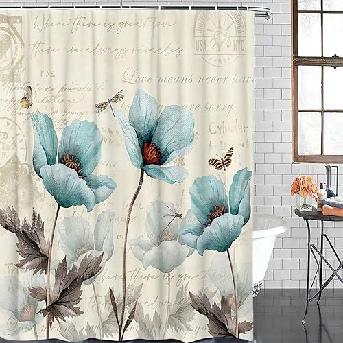 Cortina de ducha impermeable, diseño retro, con 12 ganchos, diseño floral, mariposa, libélula, con 12 ganchos, cortinas de baño para casa rural,