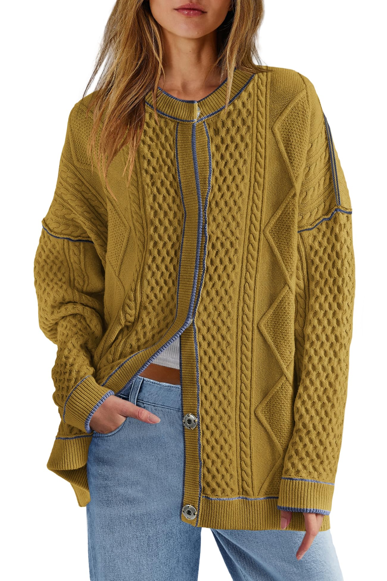 ReachMe Womens Cable Knit Oversized Cardigans Button Up Striped Sweater Jackets Fall Casual Outerwear Coats with Pockets