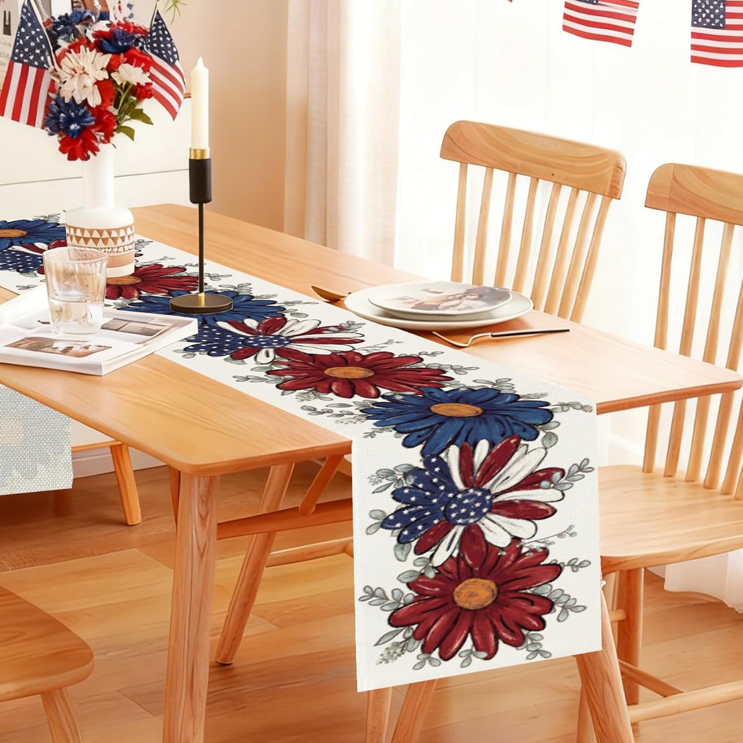 Baccessor Patriotic Table Runner Burlap 13 x 72 Inches, Stars Floral Daisy Dining Dinner Kitchen Table Anniversary Wedding Indoor Holiday Farmhouse Party Supply Decor image 2