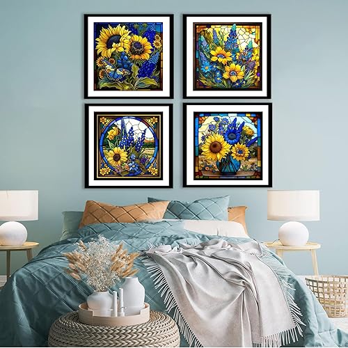 Miniatura 5 de KICHANG Juego de 4 piezas de pintura de diamantes de girasol, kits de pintura de diamante 5D para adultos, kits de pintura de diamantes de bricolaje