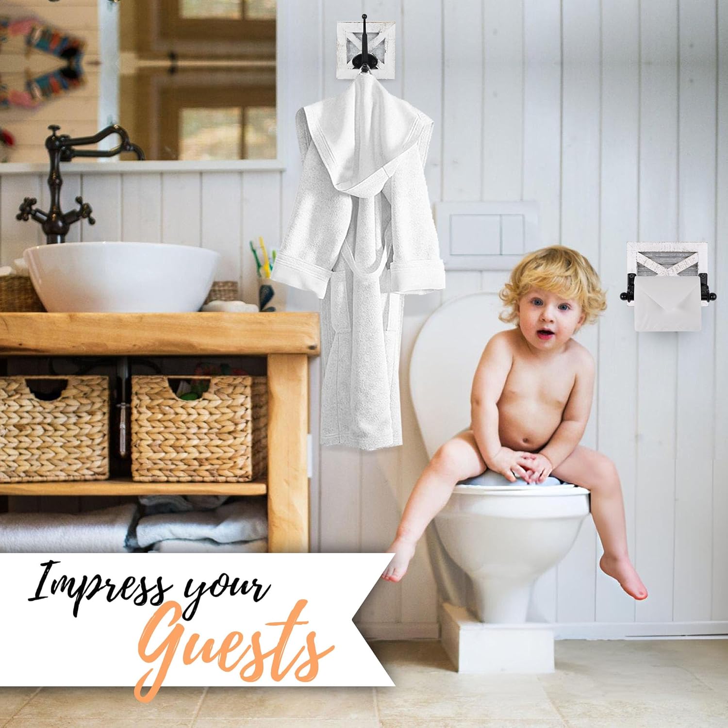 Autumn Alley Farmhouse Bathroom White Decor Set – Rustic Toilet Paper Holder & Wall Hooks – White Washed Wood, Galvanized Metal & Matte Black Accents – Perfect for Farmhouse Bathroom Charm