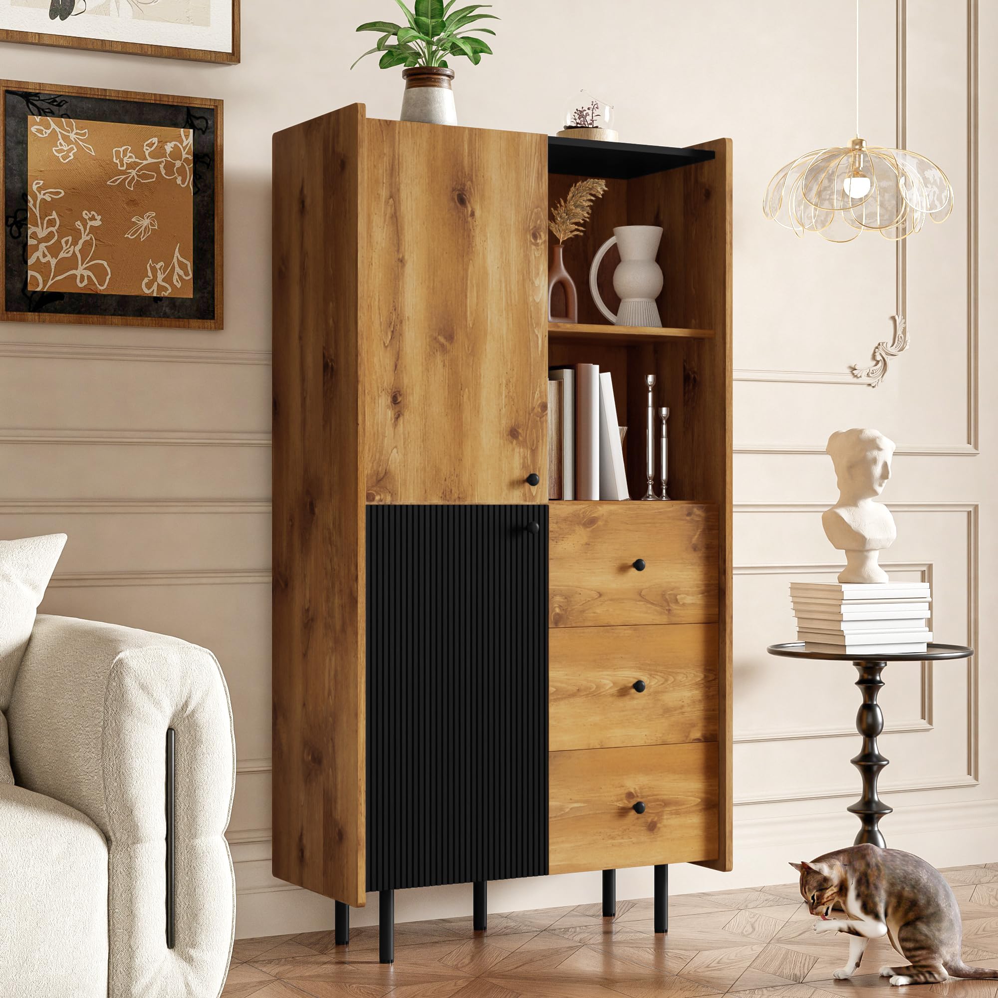 Credenza - altezza 160 cm, moderna credenza con due ante, TRE cassetti e scaffali aperti
