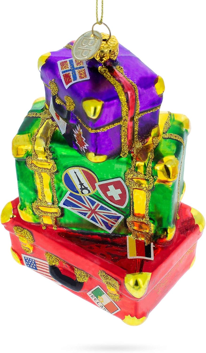 Vintage-Inspired Luggage with Travel Stickers Blown Glass Christmas Ornament - Image 2