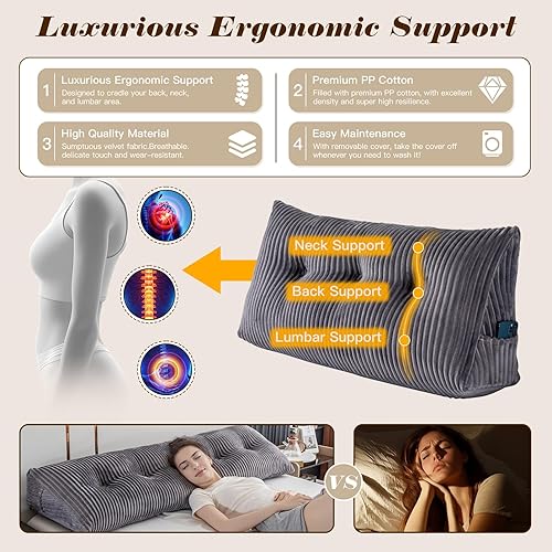 Miniatura 4 de Activance Cabecera triangular grande con cuña para apoyabrazos de lectura soporte de posicionamiento con funda extraíble gris Queen 59 x 8 x 20