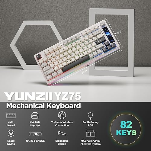 Miniatura 2 de YUNZII YZ75 75% Teclado mecánico inalámbrico para juegos intercambiable en caliente, retroiluminación RGB, BT5.02.4GUSB-C, teclas PBT con