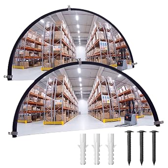 13" 2Pcs Half Circle Dome Acrylic Traffic Convex Mirror Corner Mirror | 180-degree Viewing Angle, Clear Image, Black Rubber Strip Protection, Sturdy and Durable, Easy Installation