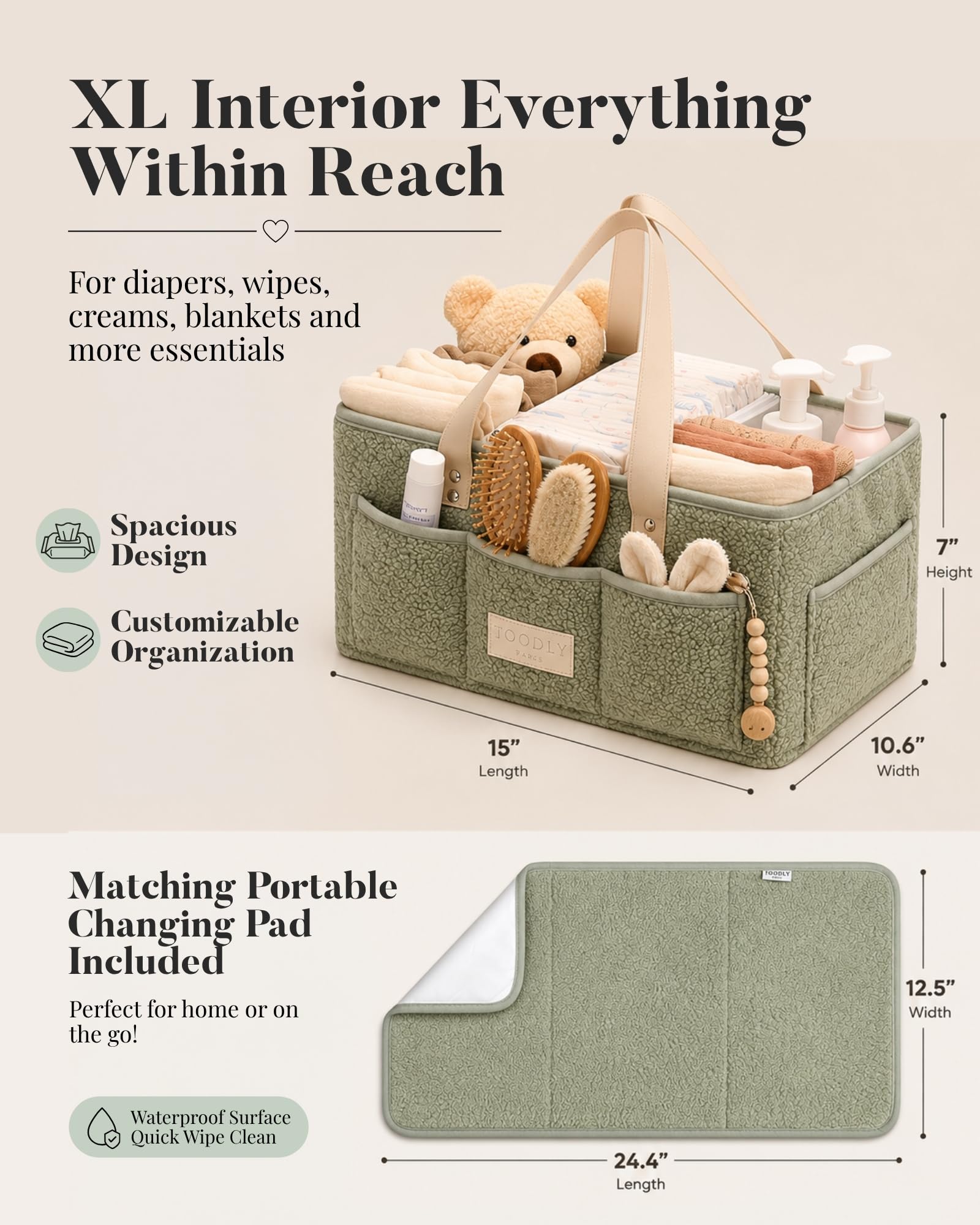 Baby-Wickeltasche mit tragbarer Wickelunterlage – Teddy-Fleece-Windel-Organizer für Wickeltisch – Korb für Wickelutensilien – Baby-Essentials Organizer mit herausnehmbaren Trennwänden