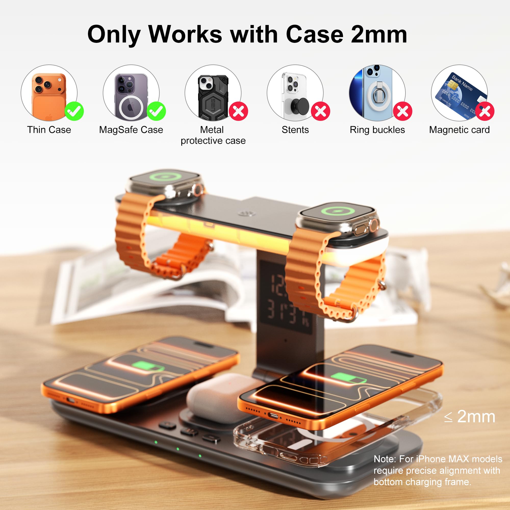 Estación de carga inalámbrica 7 en 1 para dispositivos Apple, soporte de cargador de teléfono dual con carga magnética para iPhone 17-12 Pro Max, cargador de reloj dual para iWatch Series, con