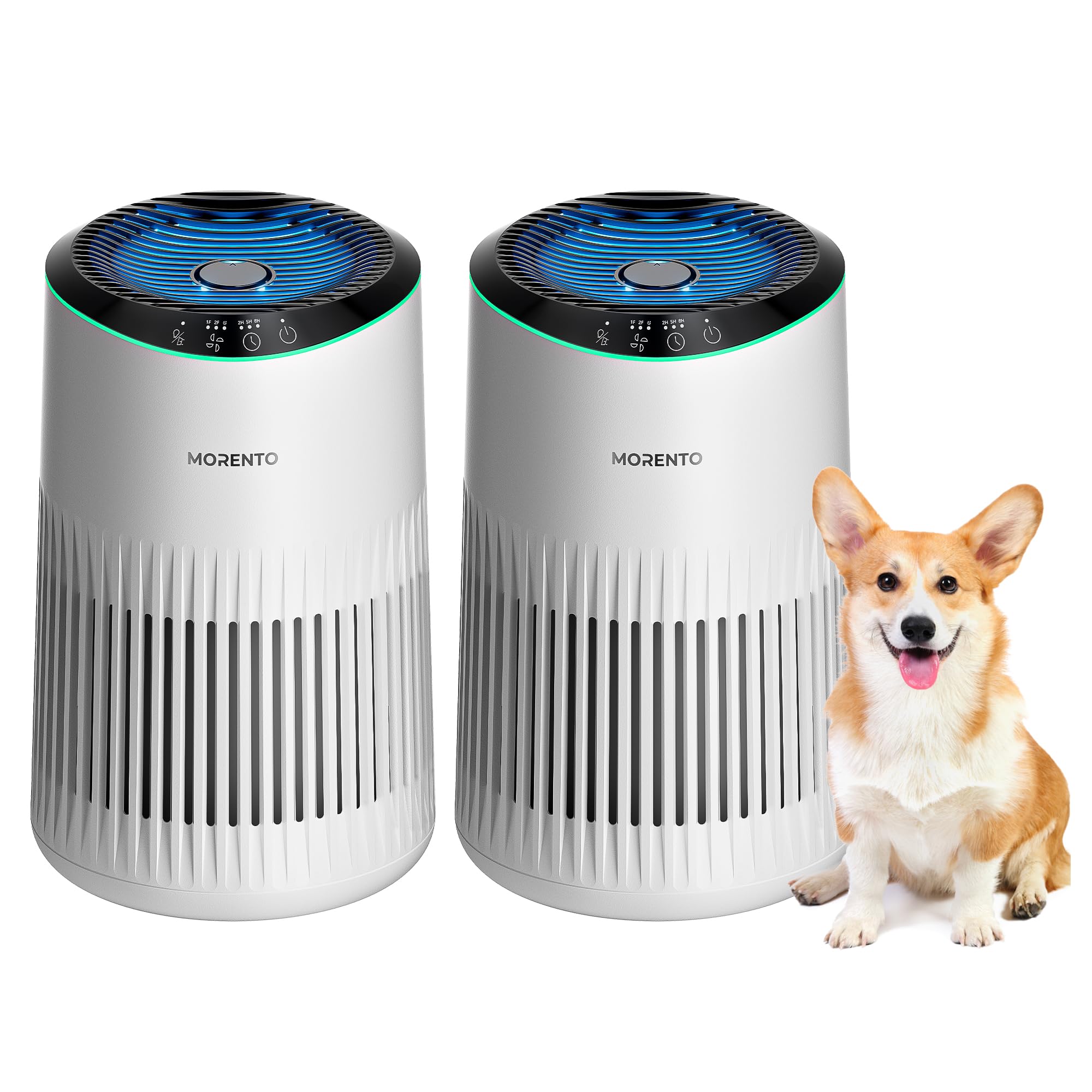 MERONTE Air Purifiers for Bedroom Home with Sleep Mode for Smoke Pet Dander Odors, Small Air Purifier with Fragrance Sponge, Blue Ambient Light, 23dB Quiet, MR2566, 1 Type 2 Pack White