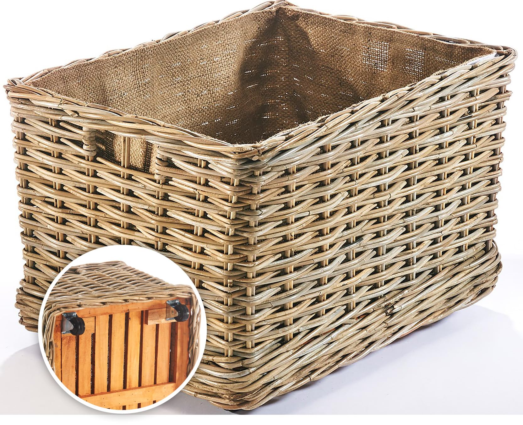 Kobolo Kaminholzwagen mit Rollen Holzkorb für Kaminholz - Rattan - mit Innenfutter aus Leinen