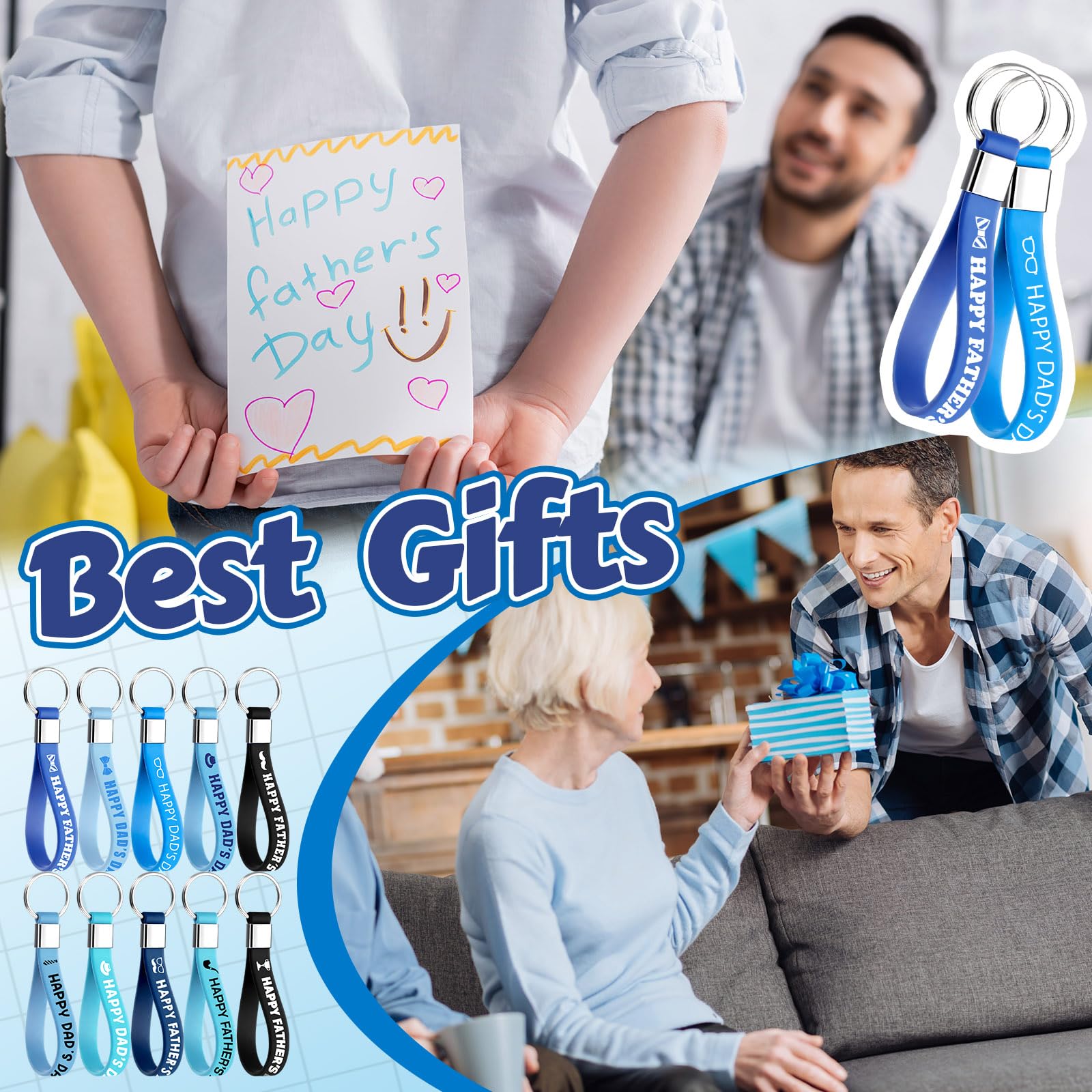 Huquary 100 Pcs Happy Father's Day Silicone Keychains Best Father Gift Rubber Keyrings Thank You Dad Gift Keychain Wristlet Dad Birthday Gifts from Daughter Son Party Favors Papa Appreciation
