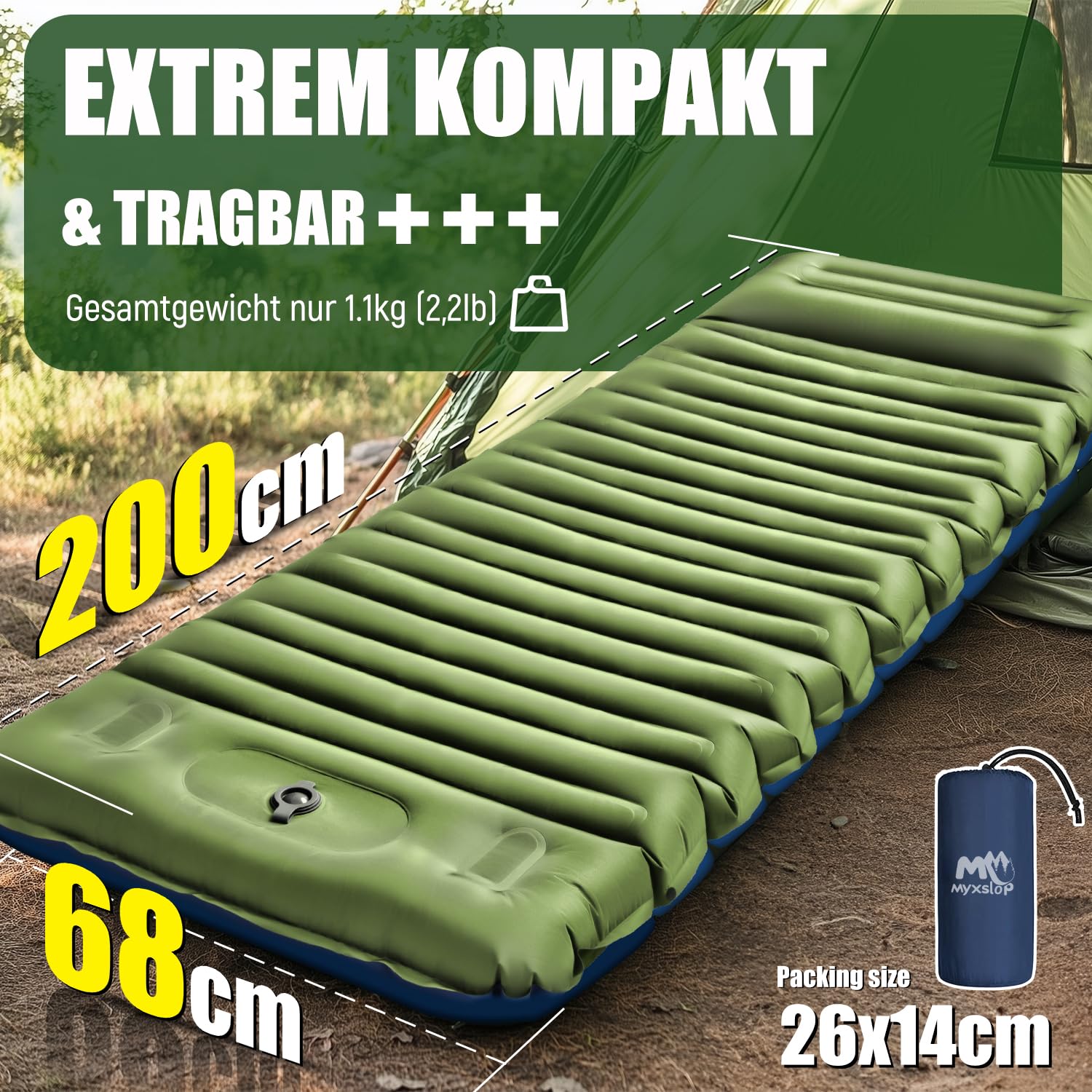 Myxslop Camping Isomatte ,12CM Verdicktes Luftmatratze Camping, Aufblasbare Matratze mit Fußpumpe & Kissen, Ultraleichte Schlafmatte Outdoor für Wandern, Strand, Reise, Zelt