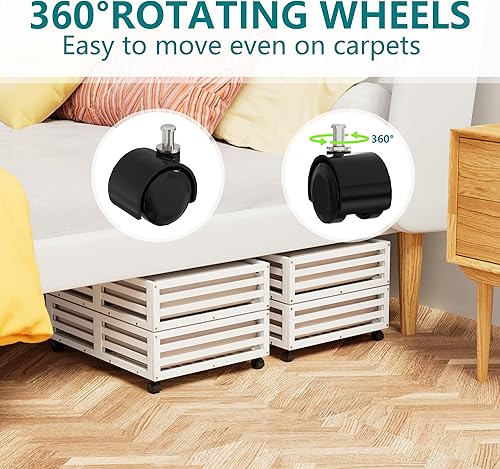 Vista 3 de Wisuce Contenedores de almacenamiento de bambú debajo de la cama, organizador debajo de la cama con ruedas con bolsa grande para el polvo, madera