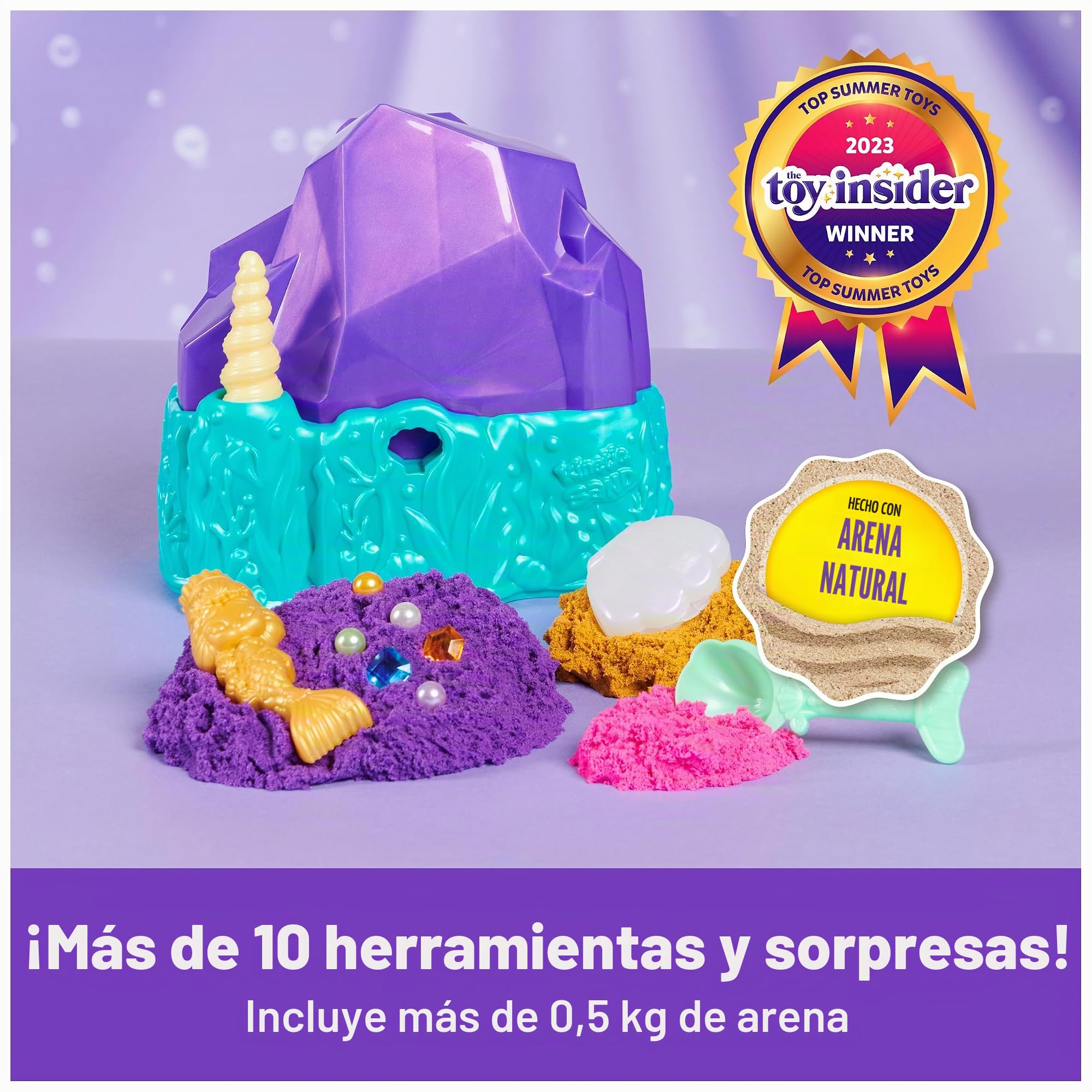 Kinetic Sand, Juego de cristal de sirena, 481 g de arena de juego, arena brillante dorada, almacenamiento y herramientas, juguetes sensoriales para niños a partir de 3 años
