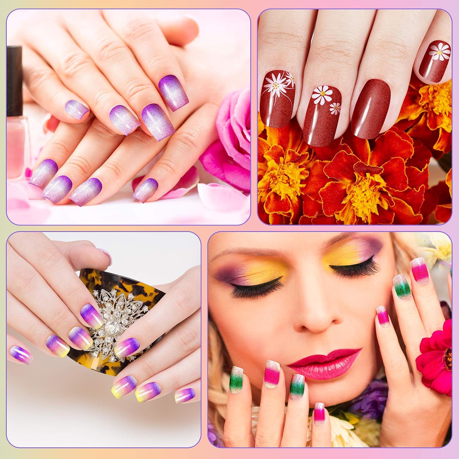 24 Sheets Nail Polish Sticker 288 Pieces Gradient Glitter Full Wraps Self-Adhesive Nail Art Decals False Nail Design Manicure Stickers Set with Nail File for DIY Nail Art (Chic Flower Series)