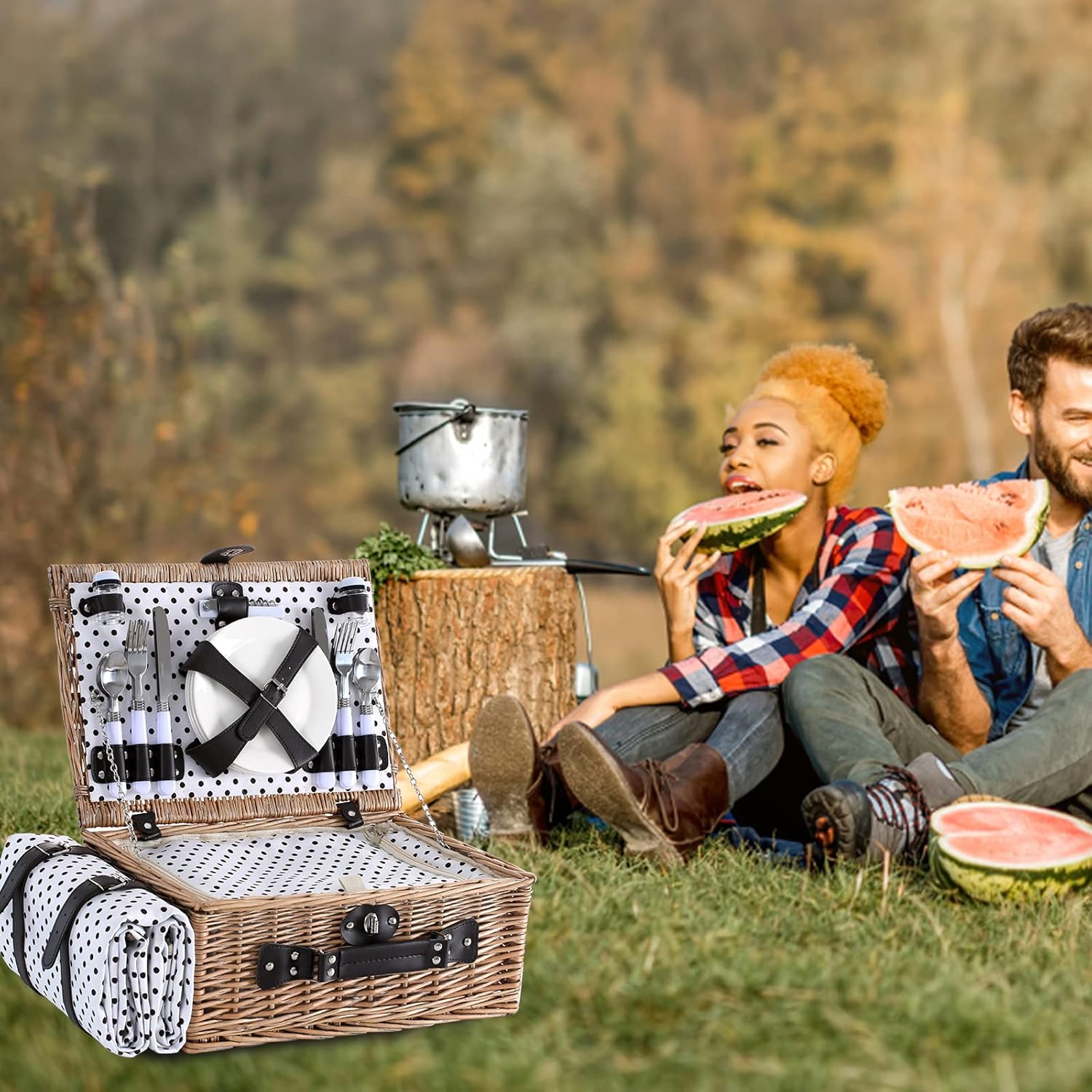 Picnic Basket for 4 Persons with Waterproof Picnic Blanket and Insulated Cooler, Large Wicker Picnic Basket for Camping, Outdoors, Valentine's Day, Christmas, Birthday, Wedding Gift