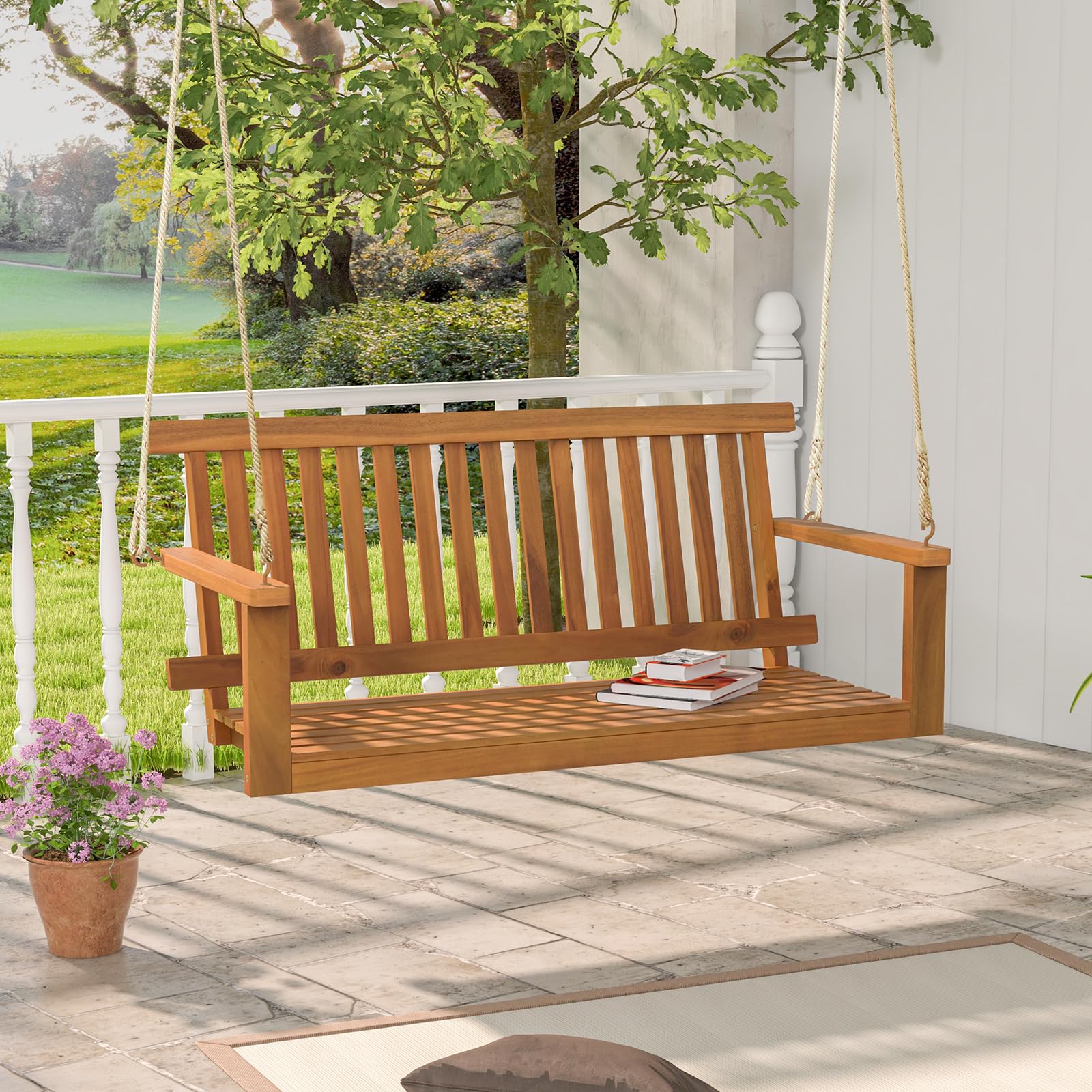 GIANTEX Hängebank Schaukel 2-Sitzer, Schaukelbank Outdoor, Hollywoodschaukel aus Massiv Akazienholz, Veranda-Schaukel Gartenschaukel zum Aufhängen 130 x 63 x 57 cm, Hängeschaukel bis 360 kg belastbar