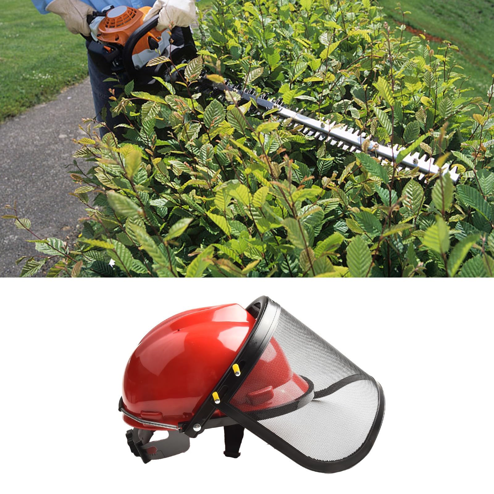 Casco de protección para motosierras con visera, malla de protección facial, ajustable, ligero, para cortacésped, desbrozadora, rojo y negro