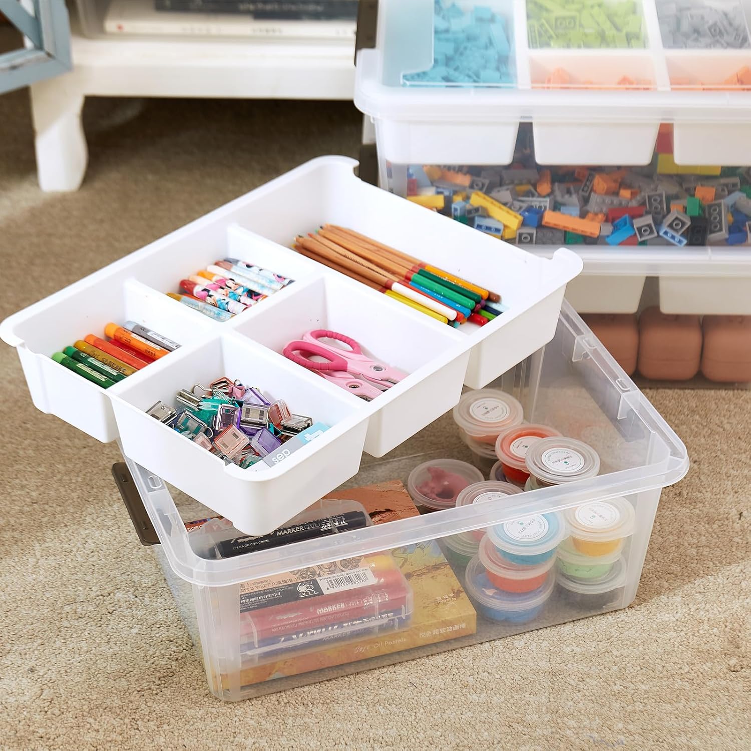 17 QT Plastic Storage Box with Removable Tray Craft Organizers and Storage Clear Container for Organizing Bead, Tool, Sewing, Playdoh (White, 1Pack-17QT)