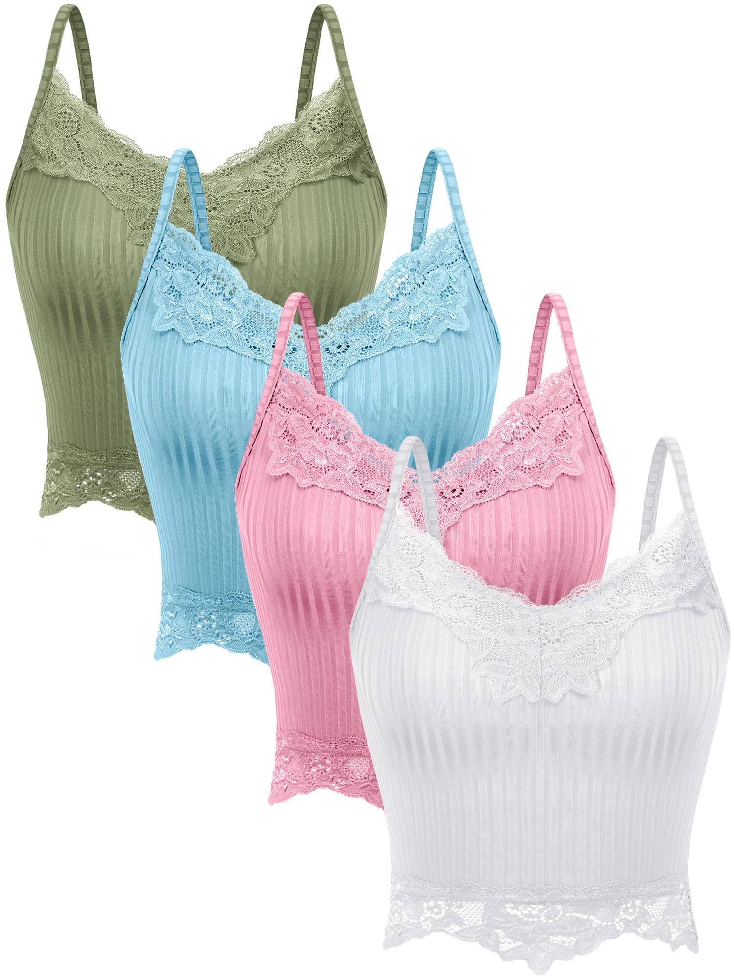 Bencailor 4 Stück Y2k Spitze Camisole Tank Tops Feen Grunge Gerippte Gestrickte Spitze Cami Crop Tops