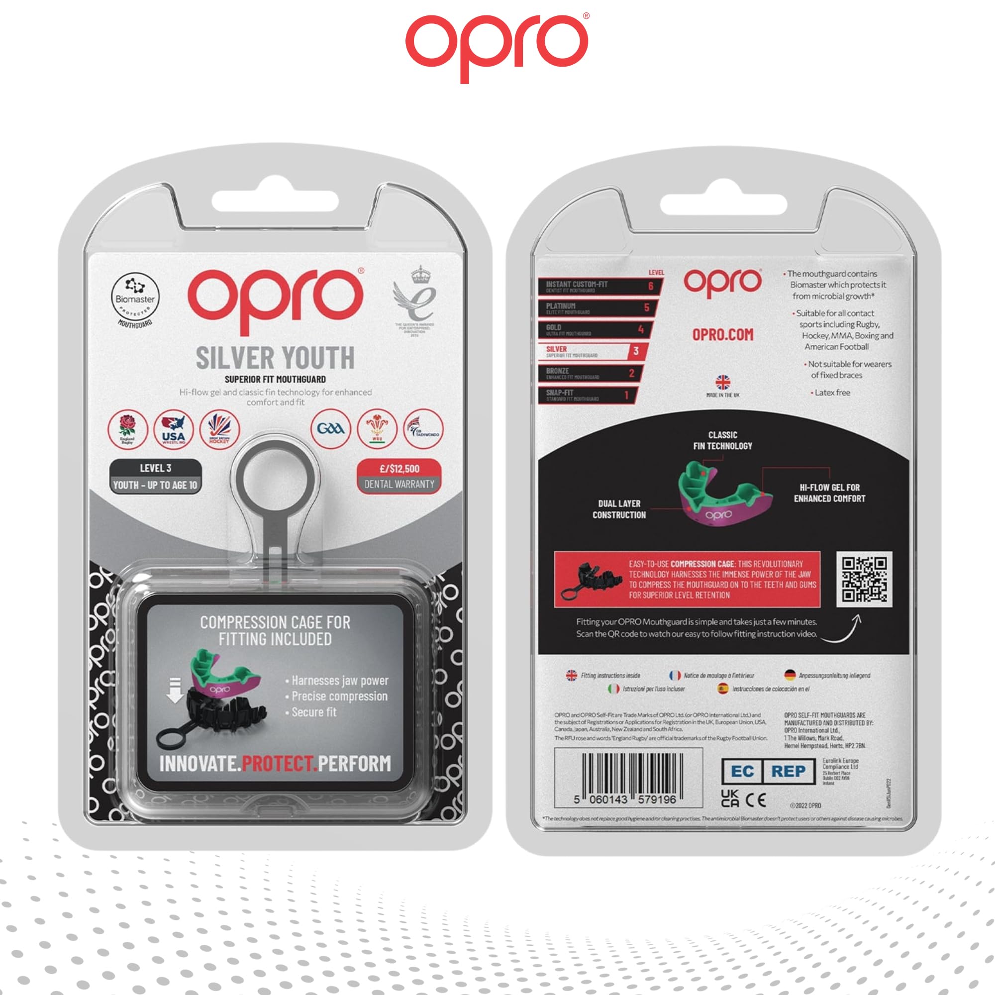 OPRO Protège-dents Niveau Argent – Ajustement Essentiel – Boxe, MMA, Rugby, Hockey – Adultes et Enfants – Facile à Mouler Soi-Même – Garantie Dentaire Incluse