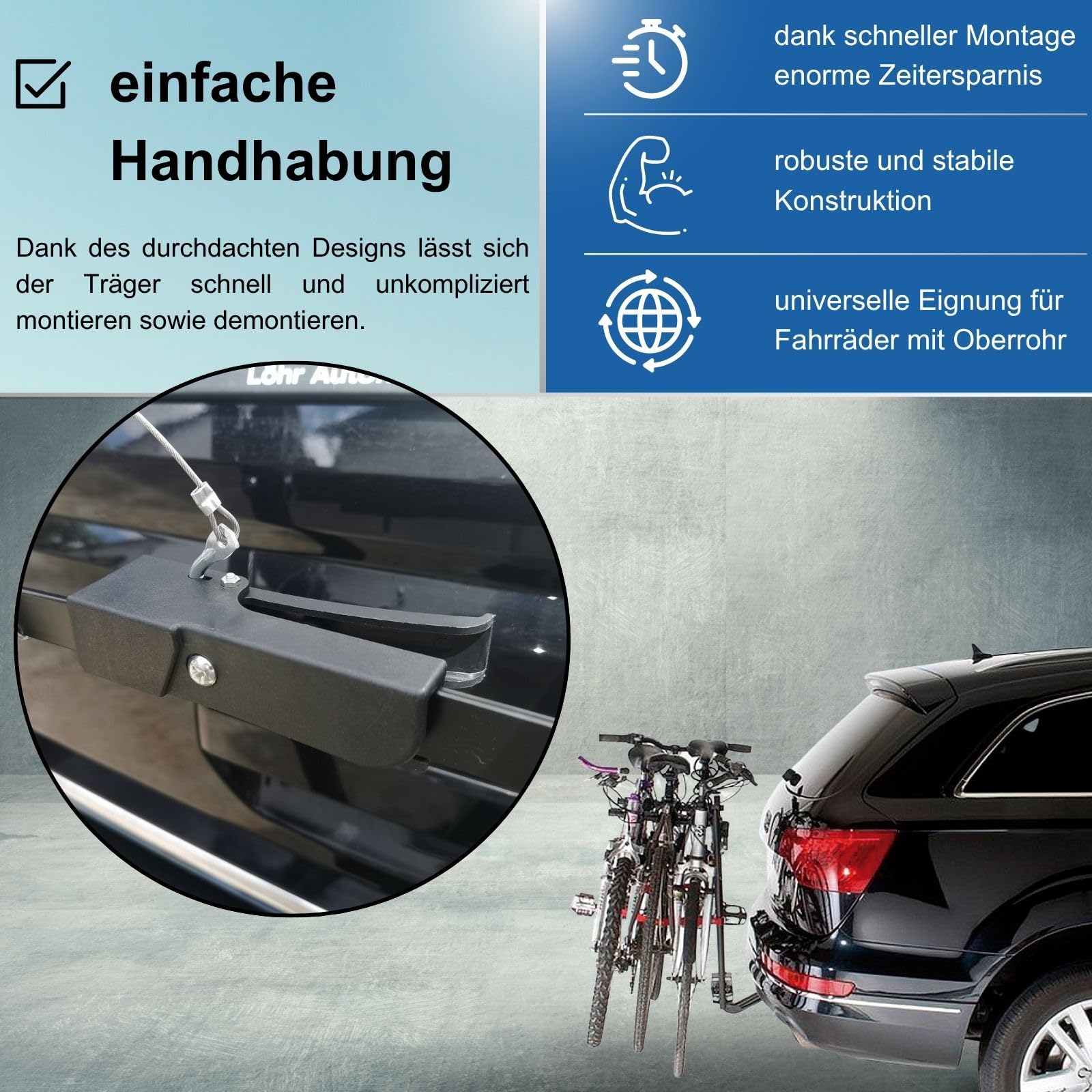 VDP Porte-vélo pour attelage de remorquage - Support pour 3 vélos - Porte-vélo auto compact pliable - Support embrayage voiture - Porte-vélo embrayage noir - Facile à utiliser