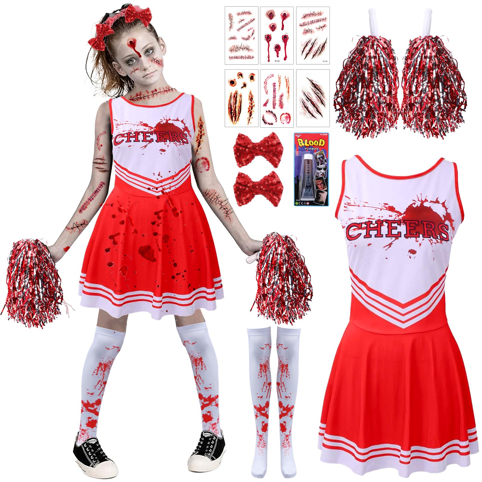 Zombie Cheerleader Costume Kids, Bloody Zombie Cheerleader, Fancy Kids Cheer-leader Costume with Cheer-leader Pom Poms Hairband Socks Scars Tatoo Fake Blood, Special Halloween Costumes for Kid Party