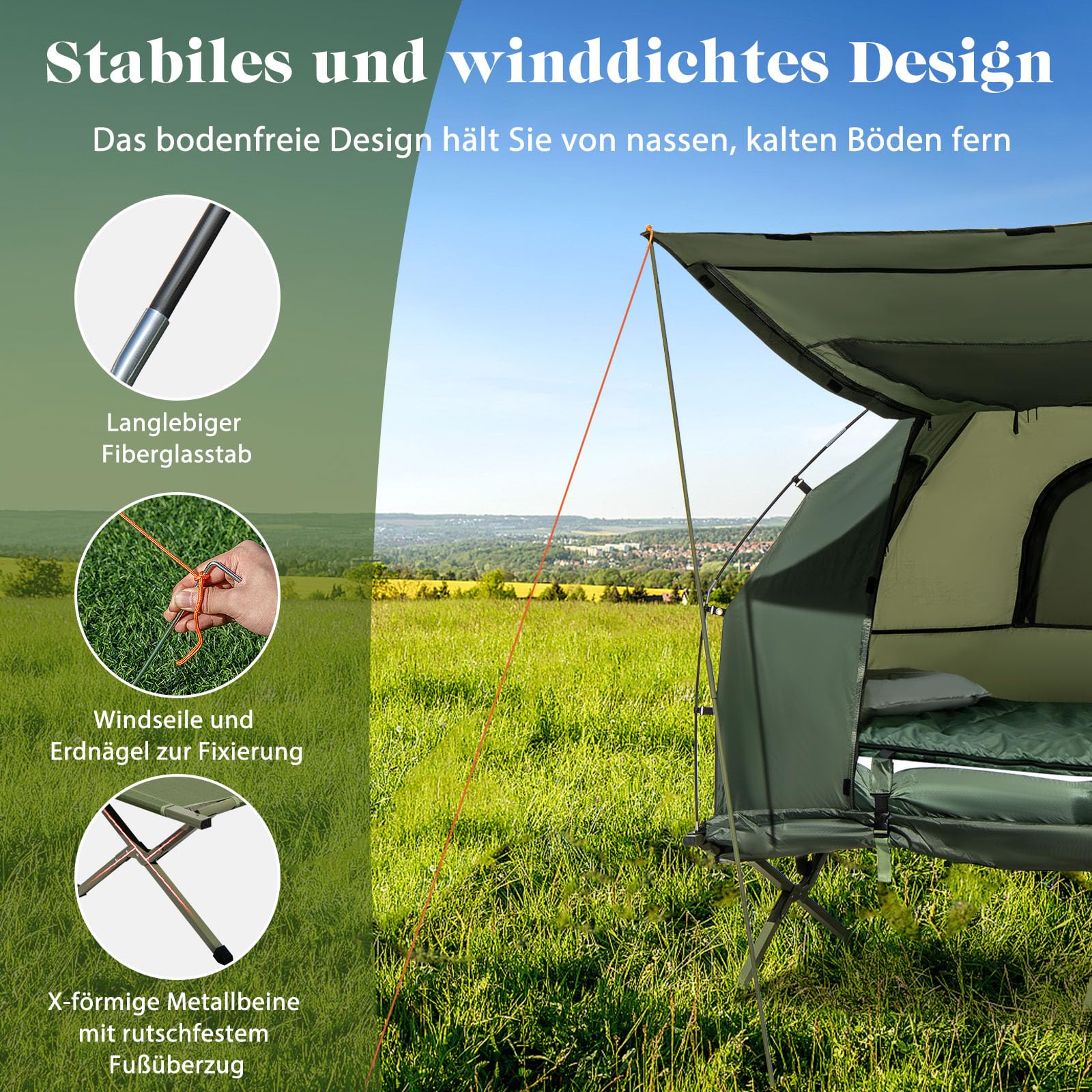 GYMAX Tienda de Campaña con Cama de Campo, Cama de Camping con Saco de Dormir, Colchón de Aire y Almohada, Tienda de Campaña con Protección Solar y Bolsa de Transporte